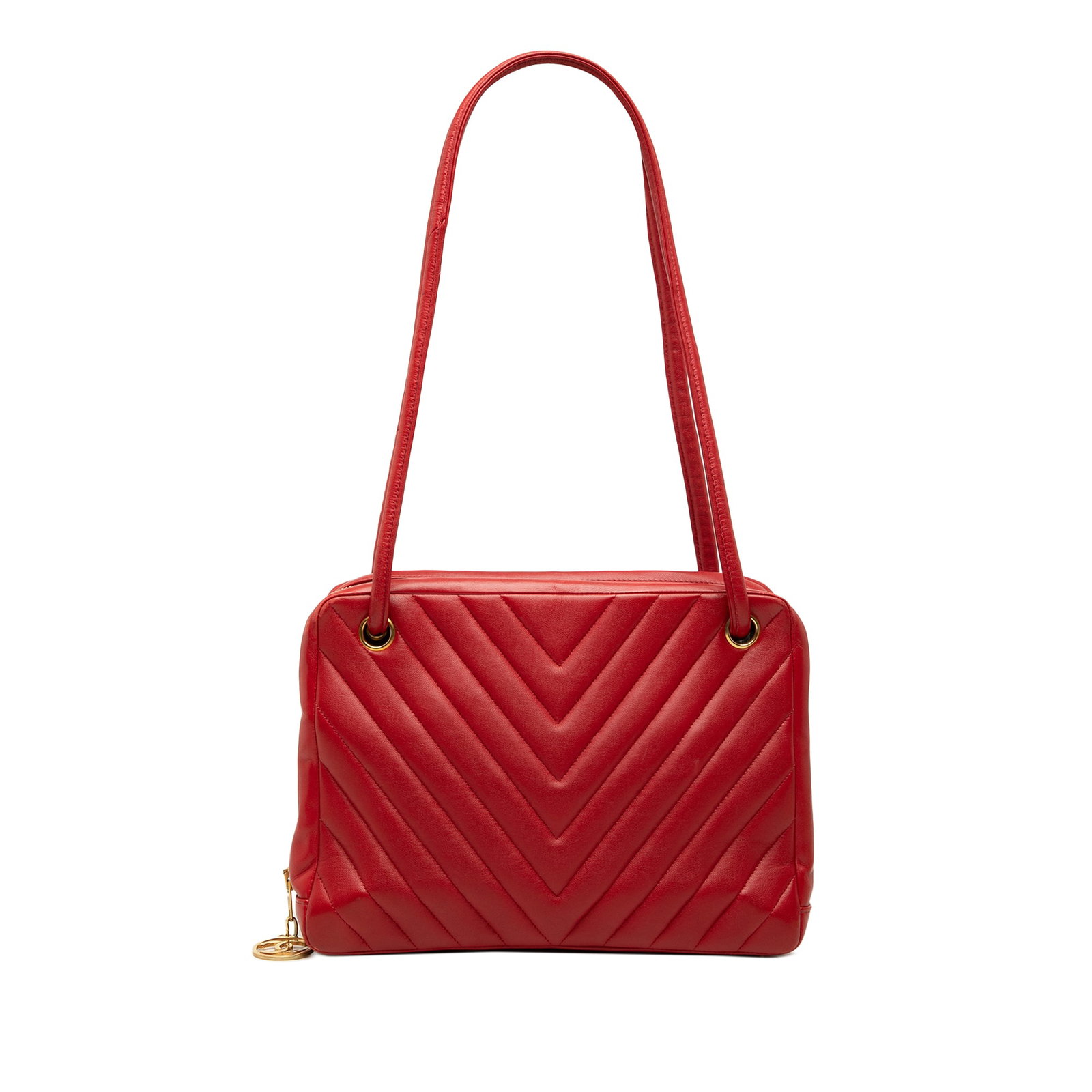 Chanel CC Chevron red lambskin leather shoulder bag: Chanel CC Chevron red lambskin leather shoulder bag A Chanel CC Chevron shoulder bag in red quilted lambskin leather. The bag features flat leather handles, a zip-around closure, an exterior slip pock