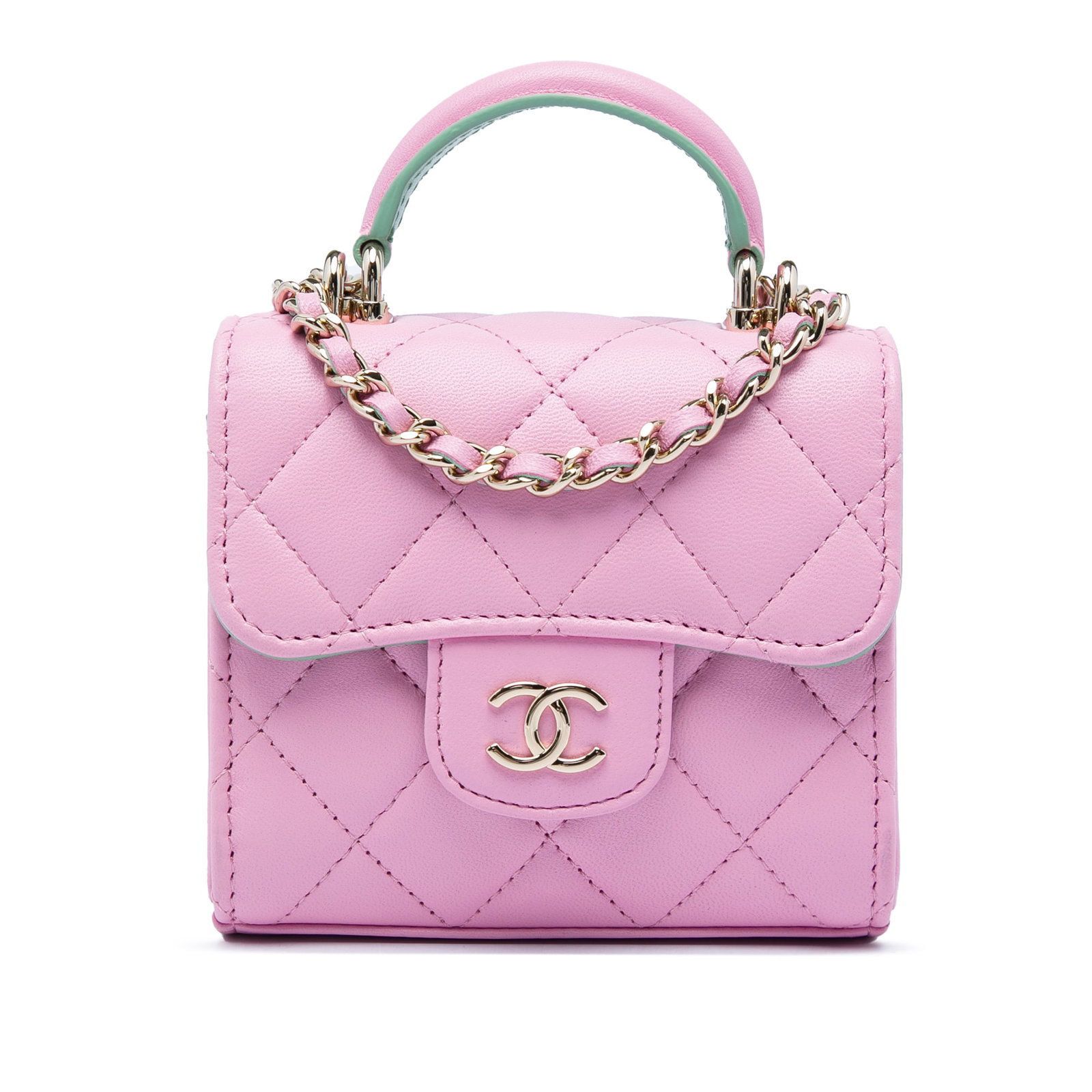 Chanel Mini CC Pink Quilted Lambskin Chain Clutch Bag: Chanel Mini CC Pink Quilted Lambskin Chain Clutch Bag A compact Chanel top handle clutch crafted in pink quilted lambskin leather. This bag features a flat top handle, a leather-woven chain strap, a f