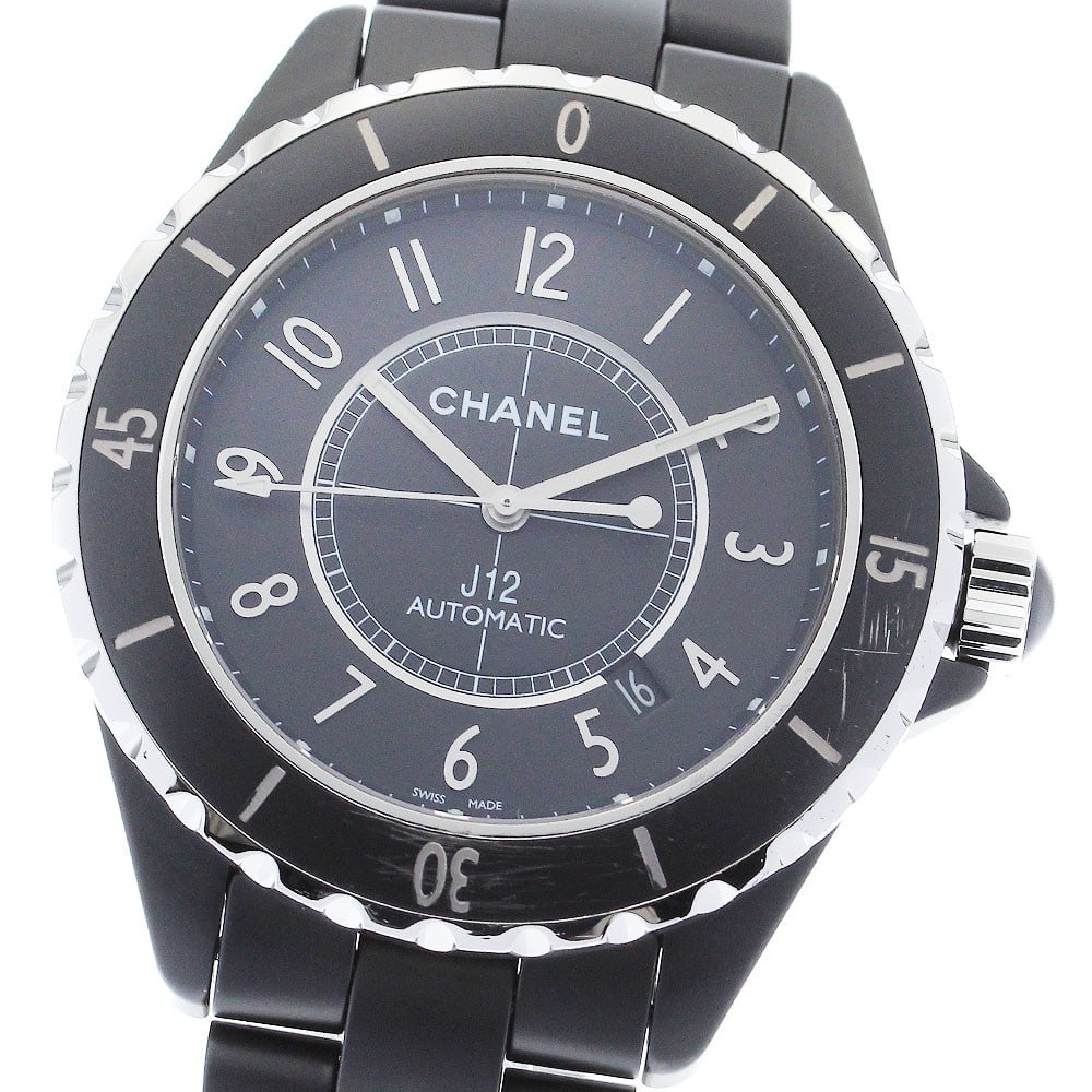 CHANEL J12 H3131 mens automatic ceramic wristwatch 42mm black dial: CHANEL J12 H3131 mens automatic ceramic wristwatch 42mm black dial CHANEL J12 H3131 men's wristwatch with a matte black design and automatic movement. This watch features a black dial with date functi