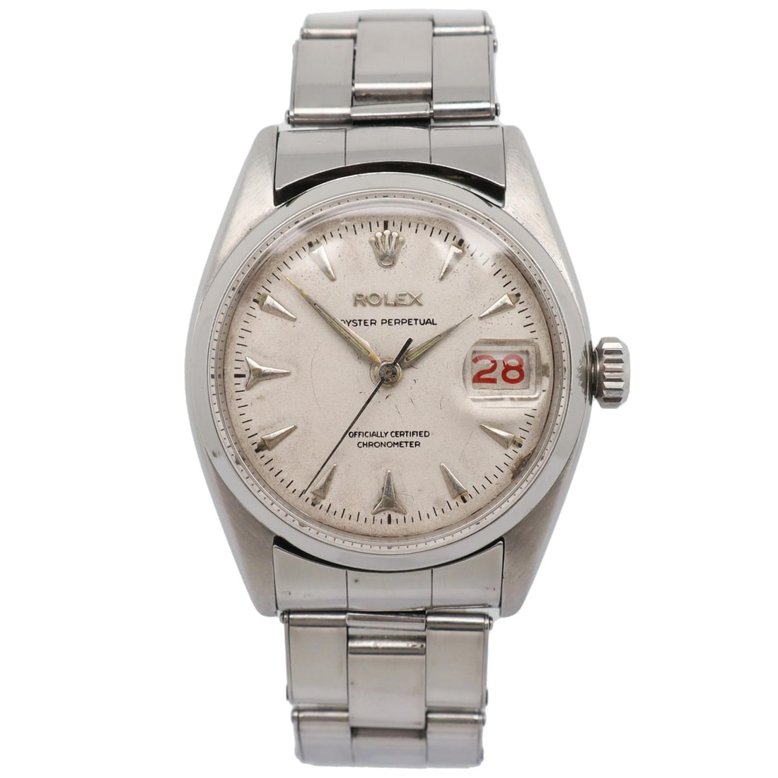 Rolex Date 34mm Steel Roulette Shark Tooth Dial Watch 6530: Rolex Date 34mm Steel Roulette Shark Tooth Dial Watch 6530 This is a pre-owned vintage Rolex Oyster Perpetual Date wristwatch featuring a 34mm stainless steel case and a roulette shark tooth dial. The