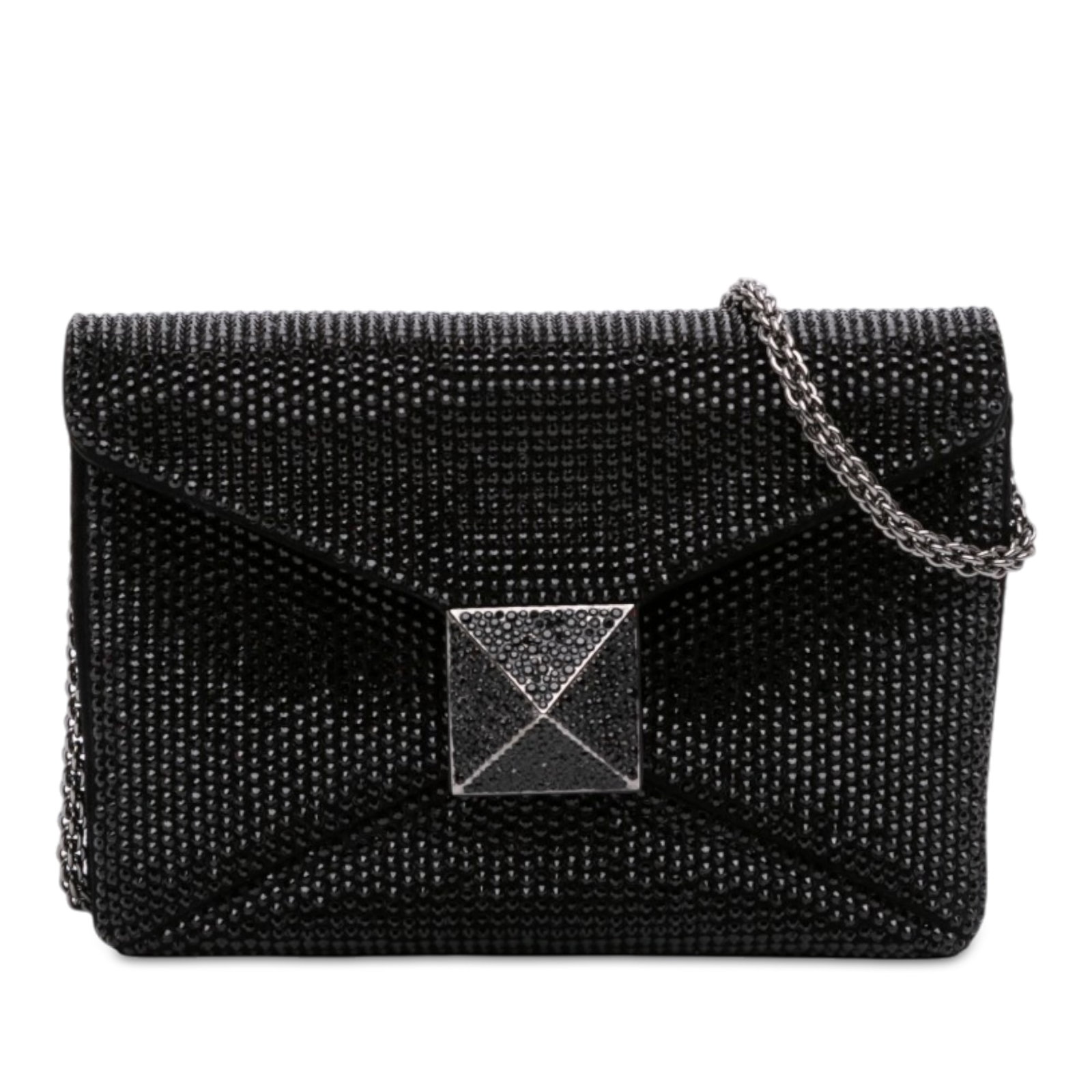 Valentino One Stud suede clutch bag with chain and crystal accents: Valentino One Stud suede clutch bag with chain and crystal accents Valentino Small Crystal Embellished Suede One Stud Clutch with Chain in black. This crossbody bag features a suede body with crystal 