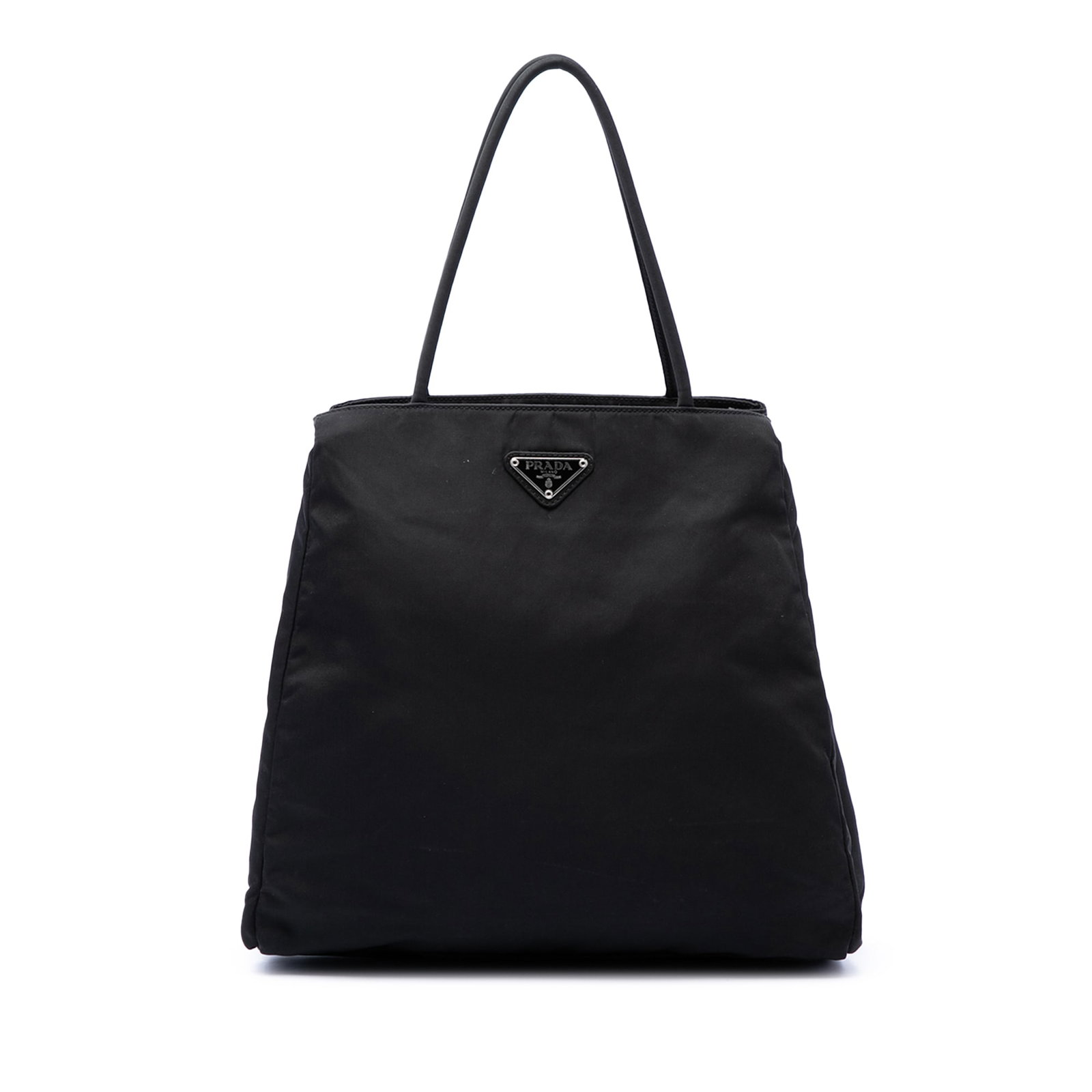 Prada Tessuto Tote Bag Black Nylon Open Top: Prada Tessuto Tote Bag Black Nylon Open Top Prada Tessuto City Tote in black with a nylon body, rolled handles, and an open-top design. The interior includes zip and slip compartments along with zip p
