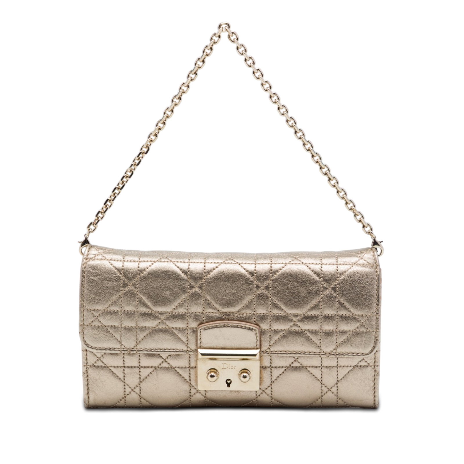 Dior Miss Dior Promenade Cannage Lambskin Wallet on Chain Gold: Dior Miss Dior Promenade Cannage Lambskin Wallet on Chain Gold A Dior Miss Dior Promenade wallet on chain crafted in metallic gold lambskin leather with Cannage quilting. This compact bag features a d