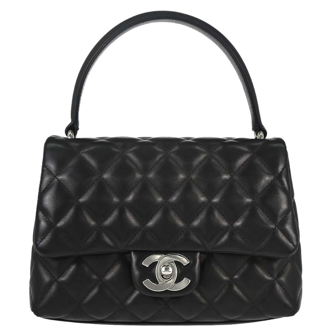 CHANEL Medium Black Lambskin Top Handle Bag Turn Lock: CHANEL Medium Black Lambskin Top Handle Bag Turn Lock Chanel top handle handbag in black lambskin with a turn-lock closure and lambskin lining. Made in Italy, this women's medium handbag features one 