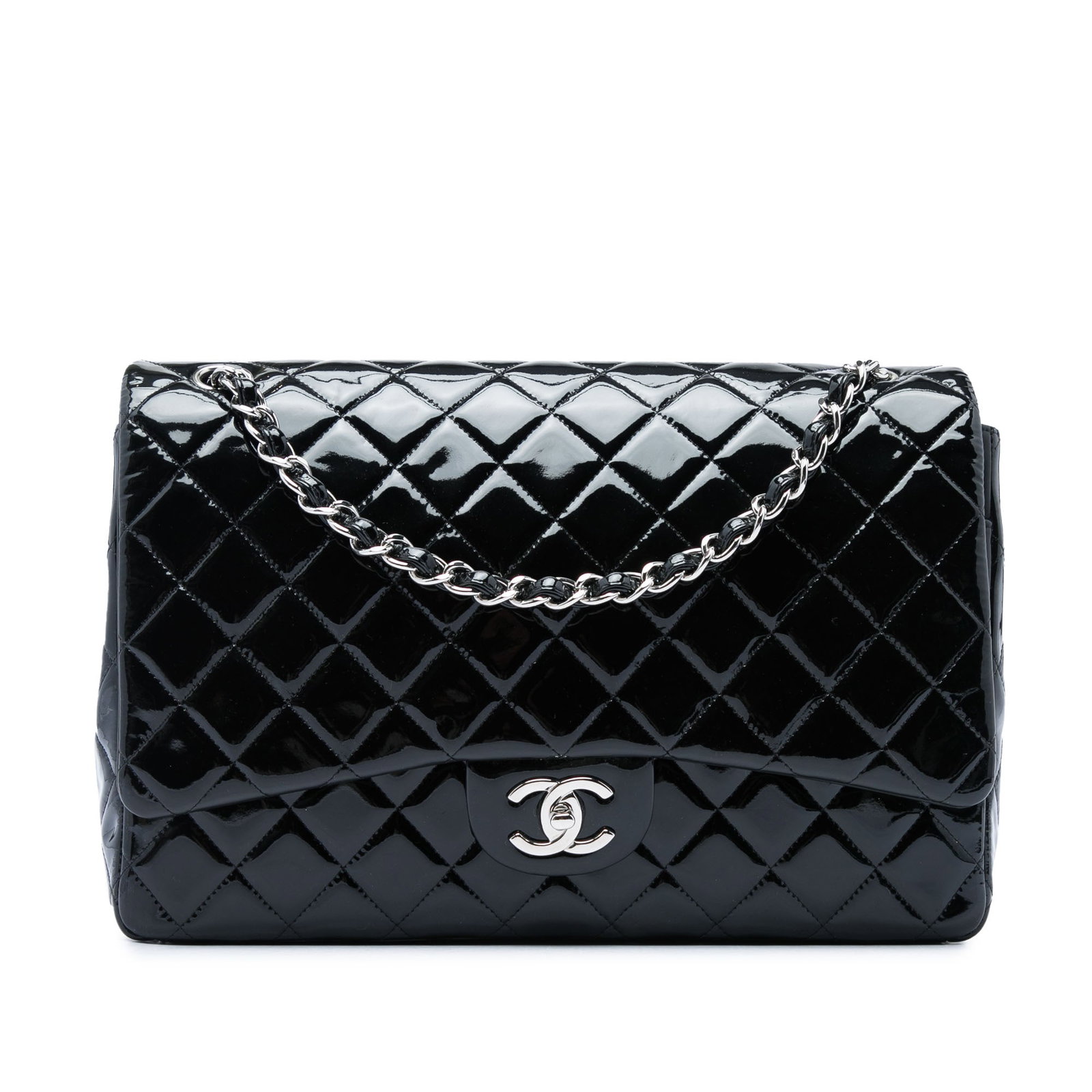 Chanel Maxi Classic Double Flap Shoulder Bag in Black Patent Leather: Chanel Maxi Classic Double Flap Shoulder Bag in Black Patent Leather A Chanel Maxi Classic Patent Double Flap shoulder bag crafted in black quilted patent leather. It features leather-woven chain stra
