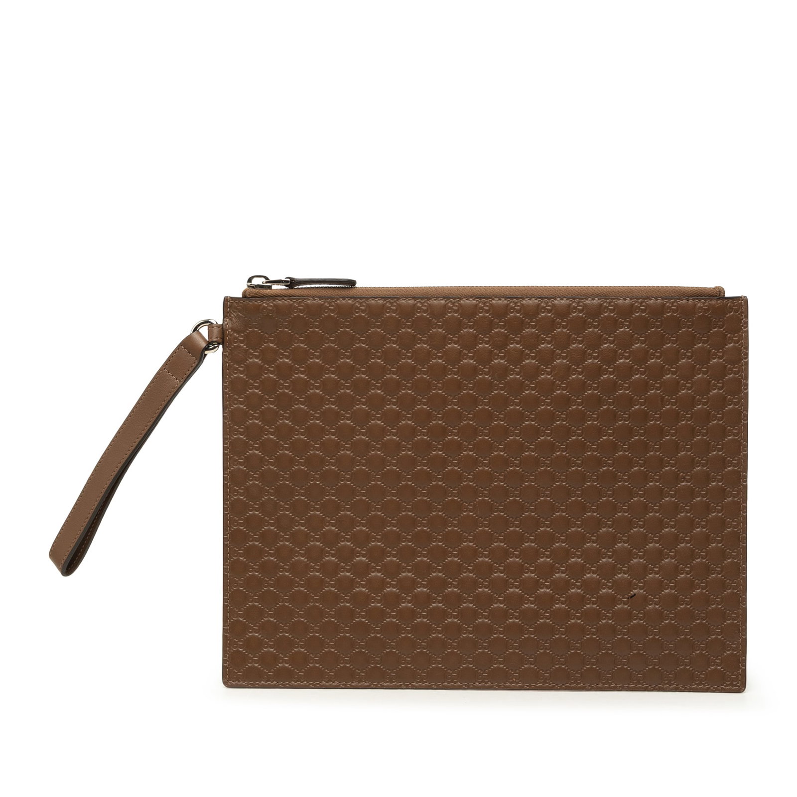 Gucci Microguccissima Leather Wristlet Clutch Bag Brown: Gucci Microguccissima Leather Wristlet Clutch Bag Brown Gucci Microguccissima clutch in brown embossed leather with a streamlined zip-top design and interior card slots. The bag includes a flat leathe