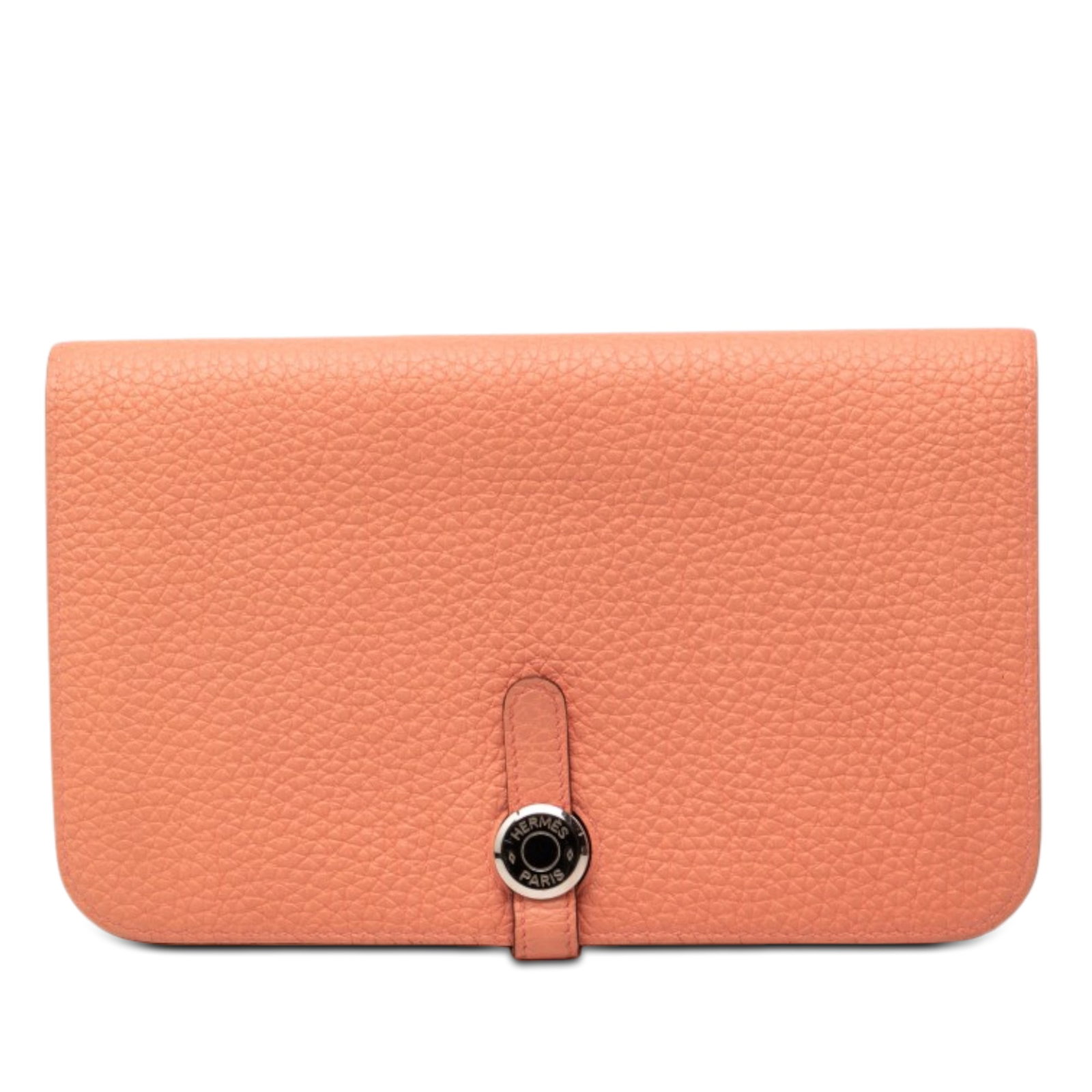 Hermes Dogon Duo GM Togo Leather Wallet Rose Candy Orange Poppy: Hermes Dogon Duo GM Togo Leather Wallet Rose Candy Orange Poppy Hermes Dogon Duo GM wallet crafted in Togo leather with Rose Candy and Orange Poppy tones. This wallet features a strap with clou de sel