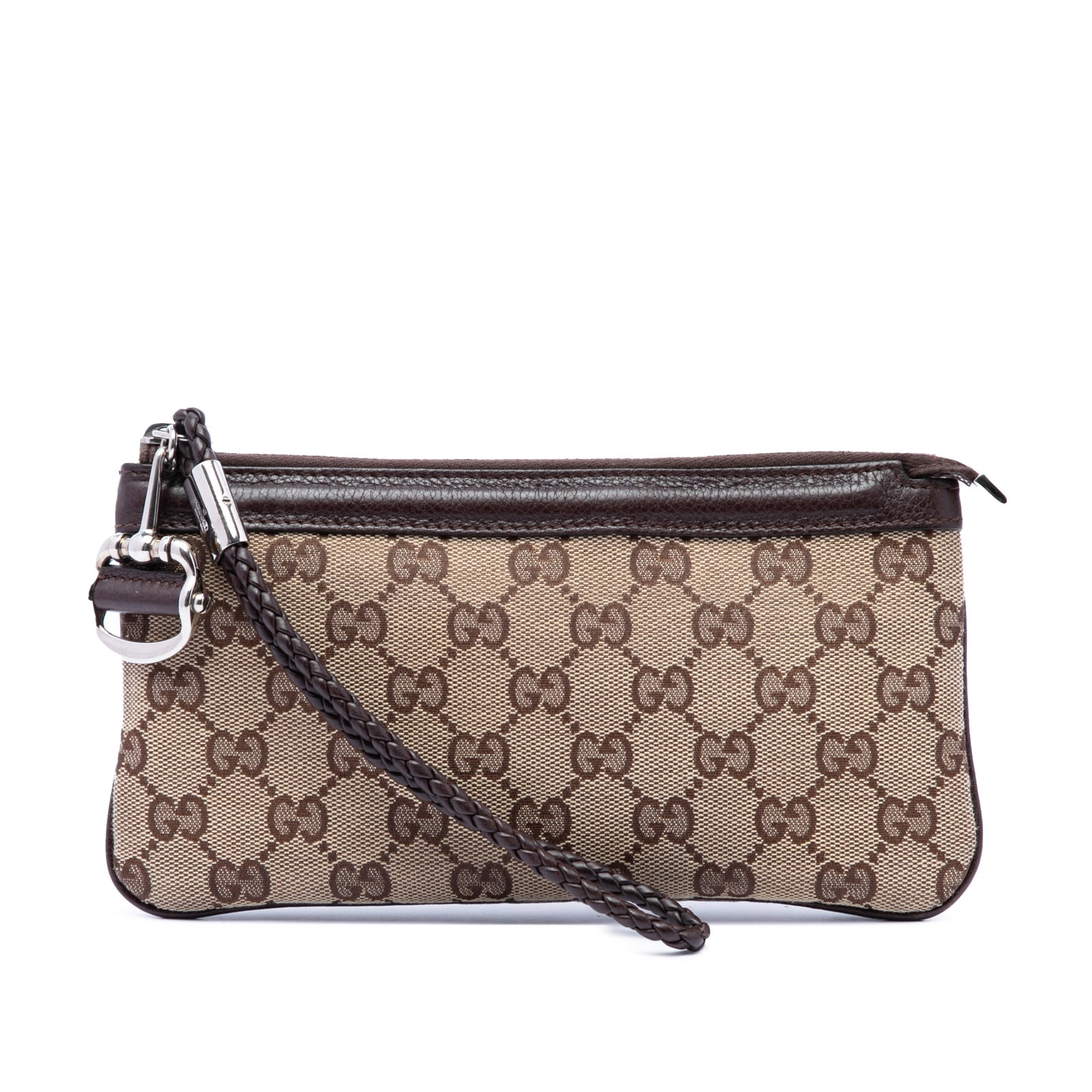 Gucci Horsebit GG Canvas Wristlet Clutch Bag Beige: Gucci Horsebit GG Canvas Wristlet Clutch Bag Beige A Gucci GG Canvas Horsebit wristlet pochette crafted in beige fabric with a braided wristlet handle and top zip closure. The interior includes one zi