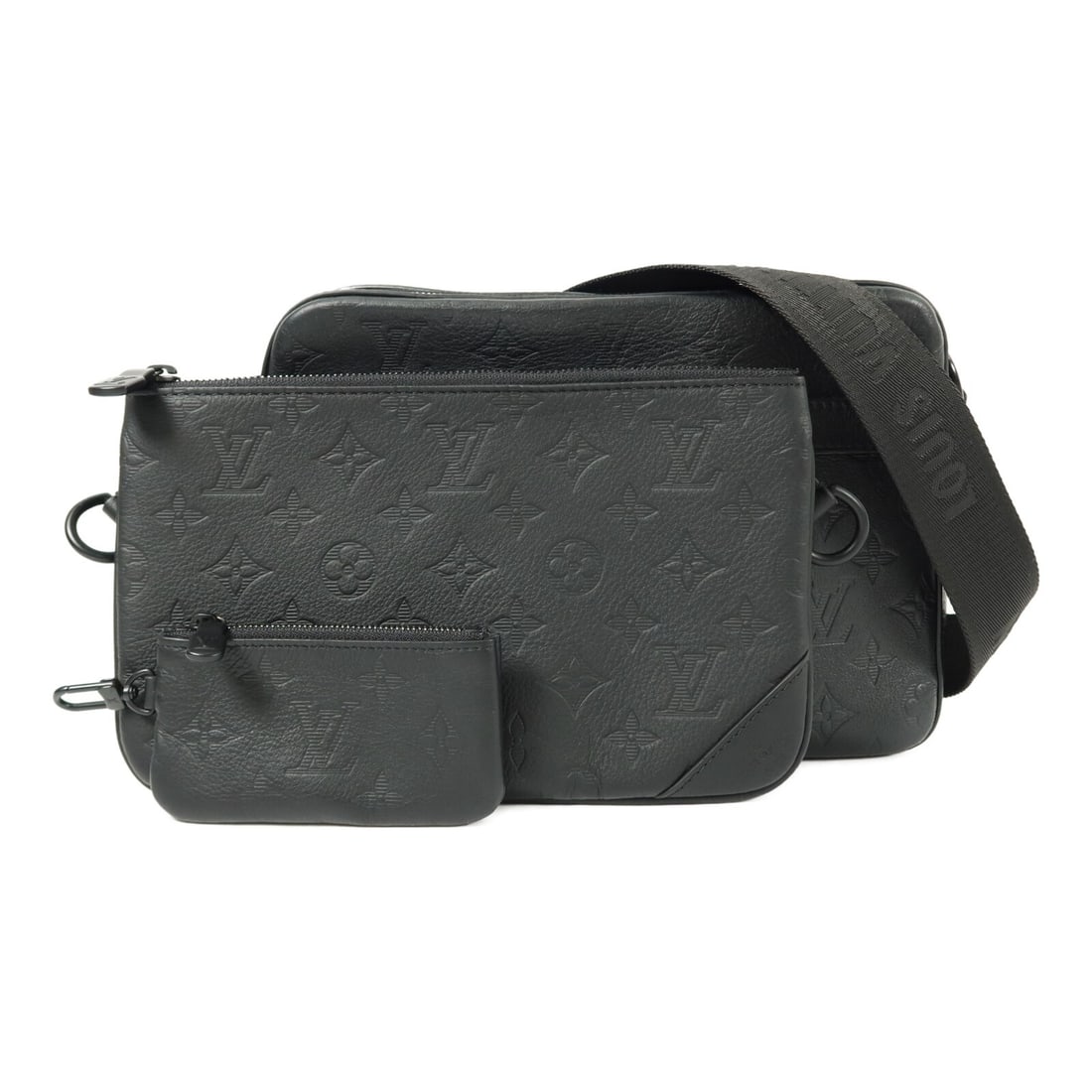 Louis Vuitton Trio Messenger Shoulder Bag Monogram Shadow Black M46602: Louis Vuitton Trio Messenger Shoulder Bag Monogram Shadow Black M46602 Louis Vuitton Trio Messenger shoulder bag in black Monogram Shadow with a streamlined mens design. This shoulder bag includes a d