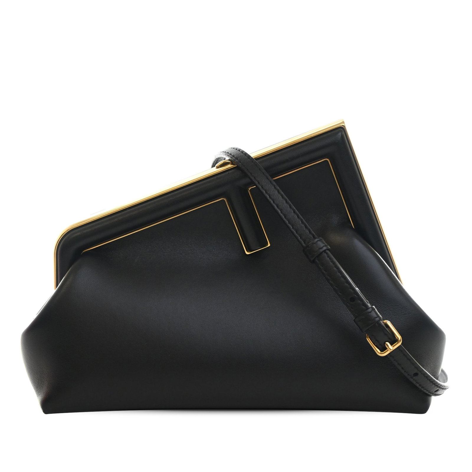 Fendi First Small Nappa Leather Crossbody Bag Black: Fendi First Small Nappa Leather Crossbody Bag Black Small Fendi First crossbody bag crafted in black nappa leather. It features an adjustable and detachable flat leather shoulder strap and a top clasp