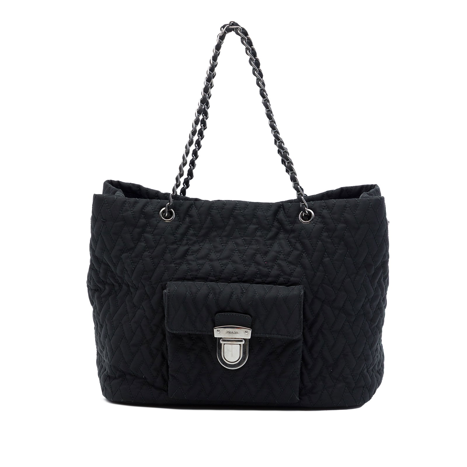 Prada Impuntu Tessuto black quilted nylon chain satchel: Prada Impuntu Tessuto black quilted nylon chain satchel A Prada Impuntu Tessuto Chain Tote in black with a quilted fabric body and nylon woven chain link straps. The bag features an open top with magn