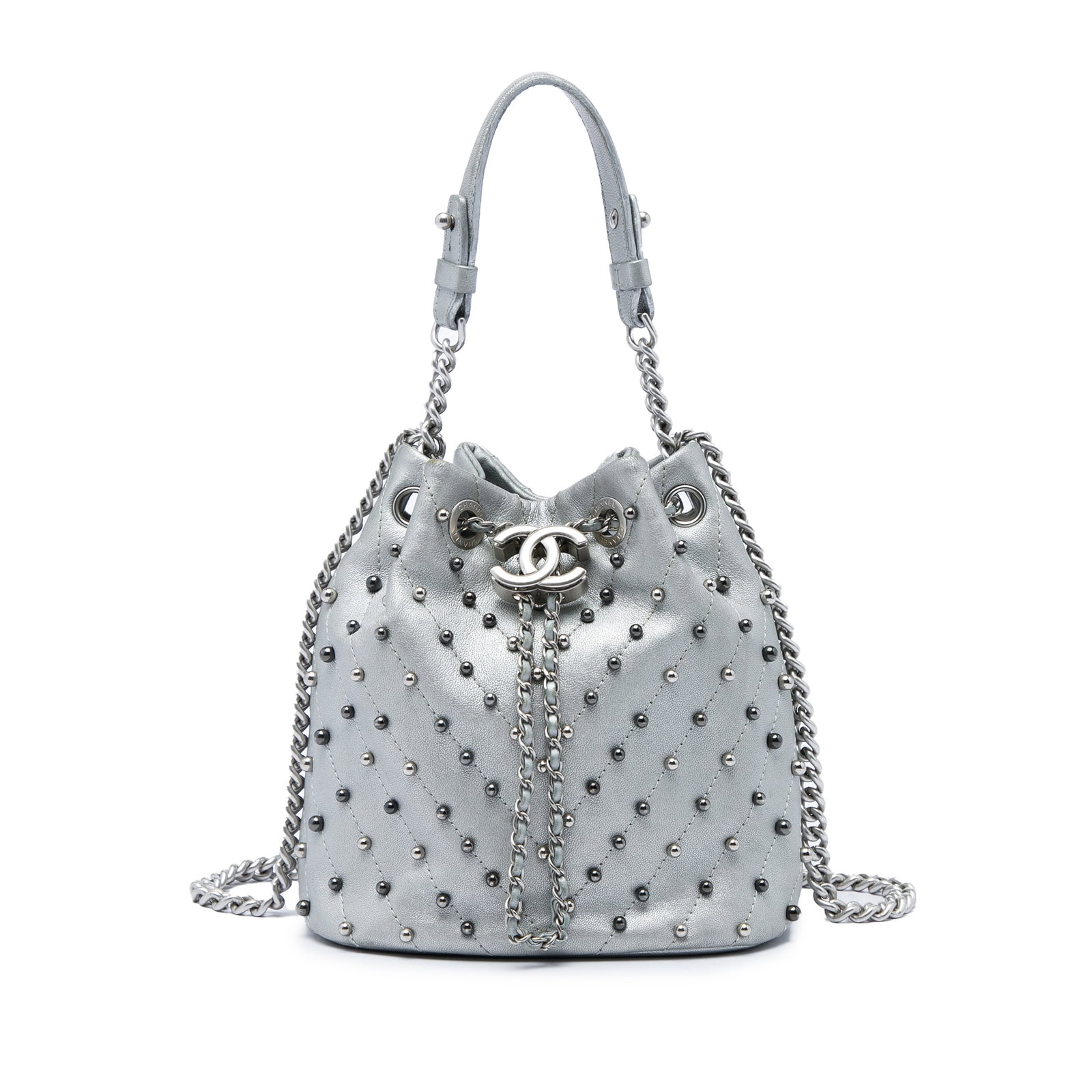 Chanel Stud Wars Small Drawstring Bucket Bag Metallic Lambskin: Chanel Stud Wars Small Drawstring Bucket Bag Metallic Lambskin A Chanel small bucket bag crafted in metallic chevron lambskin leather with studded detailing. This design features a flat leather handle