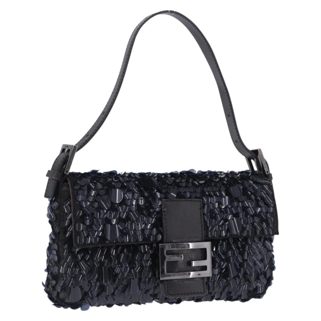 FENDI Mamma Baguette black canvas shoulder bag with dust bag: FENDI Mamma Baguette black canvas shoulder bag with dust bag Fendi Mamma Baguette shoulder bag in black canvas with sequin detailing. Made in Italy, this women's shoulder bag includes a dust bag. Cond