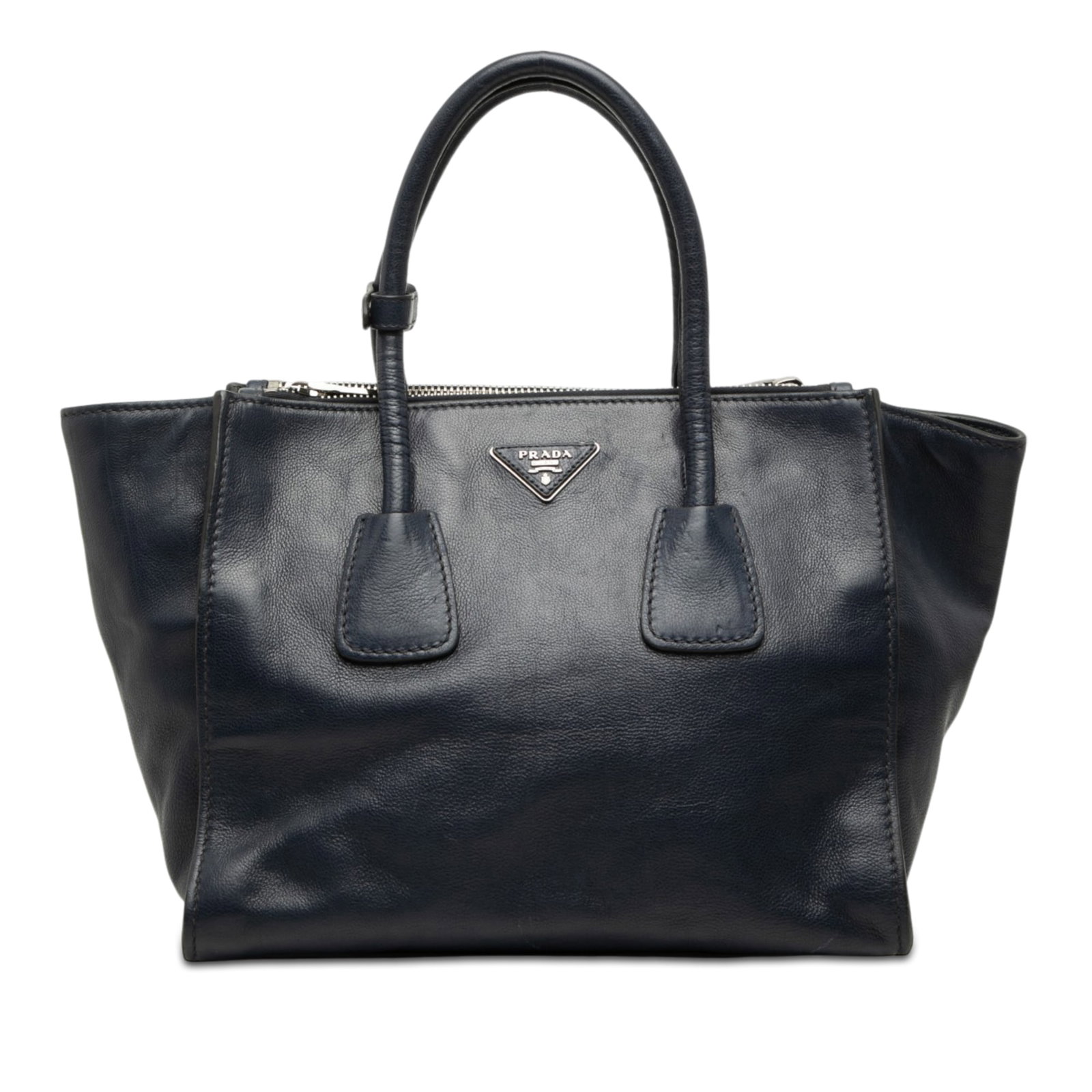Prada Twin Pocket Double Handle Satchel in Blue Glace Calf Leather: Prada Twin Pocket Double Handle Satchel in Blue Glace Calf Leather A Prada Twin Pocket double handle satchel crafted in blue calf leather. This satchel features rolled leather handles, an open top wit