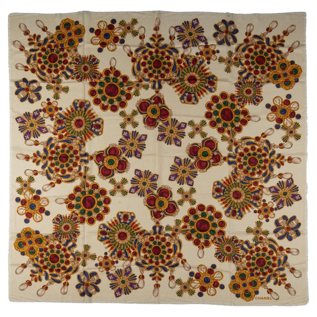 Chanel Gripoix Jewellery Print Wool Shawl 54in Italy 20th Century: Chanel Gripoix Jewellery Print Wool Shawl 54in Italy 20th Century Elevate your accessory collection with this exquisite Chanel Gripoix Jewellery Wool Shawl. This stunning piece features a vibrant Grip