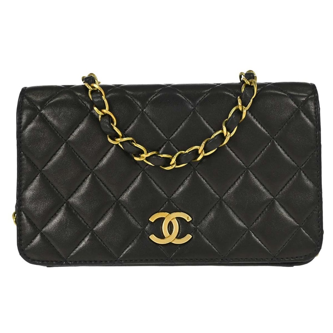 CHANEL Full Flap Mini Shoulder Bag Black Lambskin Chain Strap: CHANEL Full Flap Mini Shoulder Bag Black Lambskin Chain Strap Chanel Full Flap shoulder bag in black lambskin leather with a quilted matelasse finish and turn lock pushlock flap closure. This small ba