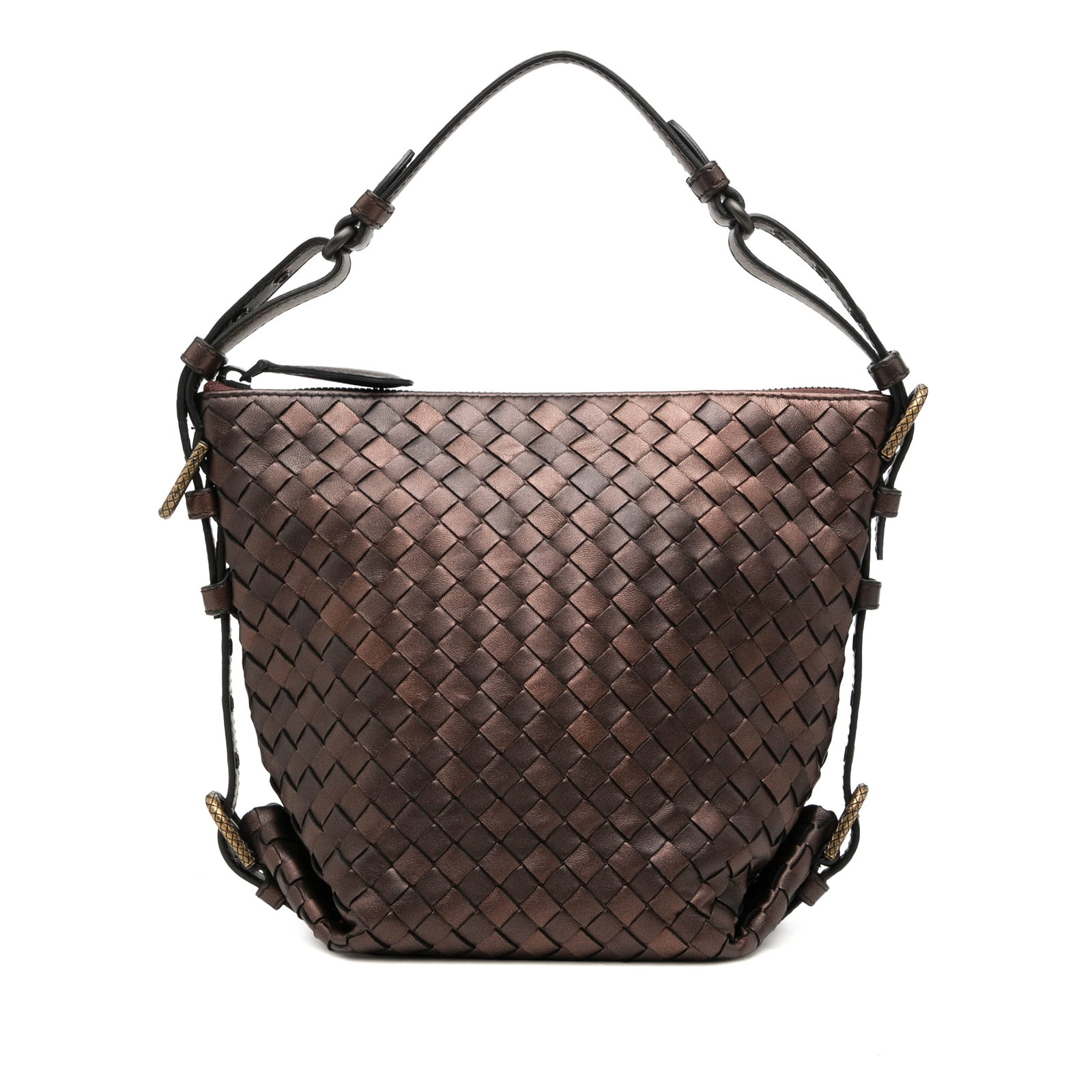 Bottega Veneta Intrecciato Belted Loop Metallic Nappa Leather Handbag: Bottega Veneta Intrecciato Belted Loop Metallic Nappa Leather Handbag Bottega Veneta Metallic Nappa Intrecciato Belted Loop Handbag crafted in woven nappa leather with a flat leather strap and top zip