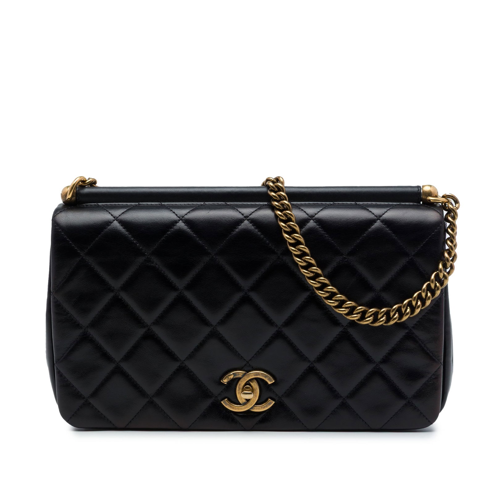 Chanel Paris Rome Lambskin Shoulder Bag with CC Twist Lock: Chanel Paris Rome Lambskin Shoulder Bag with CC Twist Lock A Chanel Paris Rome Quilted Lambskin Gold Bar Flap shoulder bag in black leather with a quilted body and gold-tone chain link strap. The desi