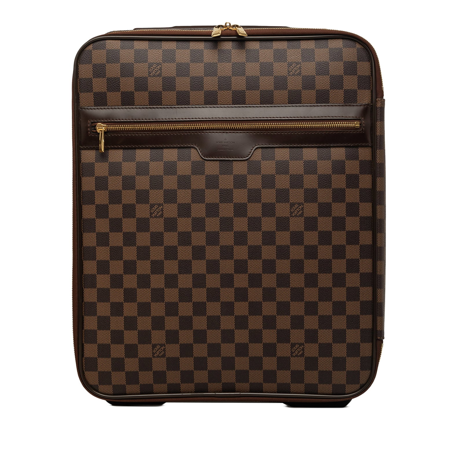 Louis Vuitton Pegase 45 Damier Ebene rolling travel bag: Louis Vuitton Pegase 45 Damier Ebene rolling travel bag A compact rolling travel bag in Damier Ebene canvas with a front zip pocket, retractable top handle, dual wheels, zip-around closure, and interi