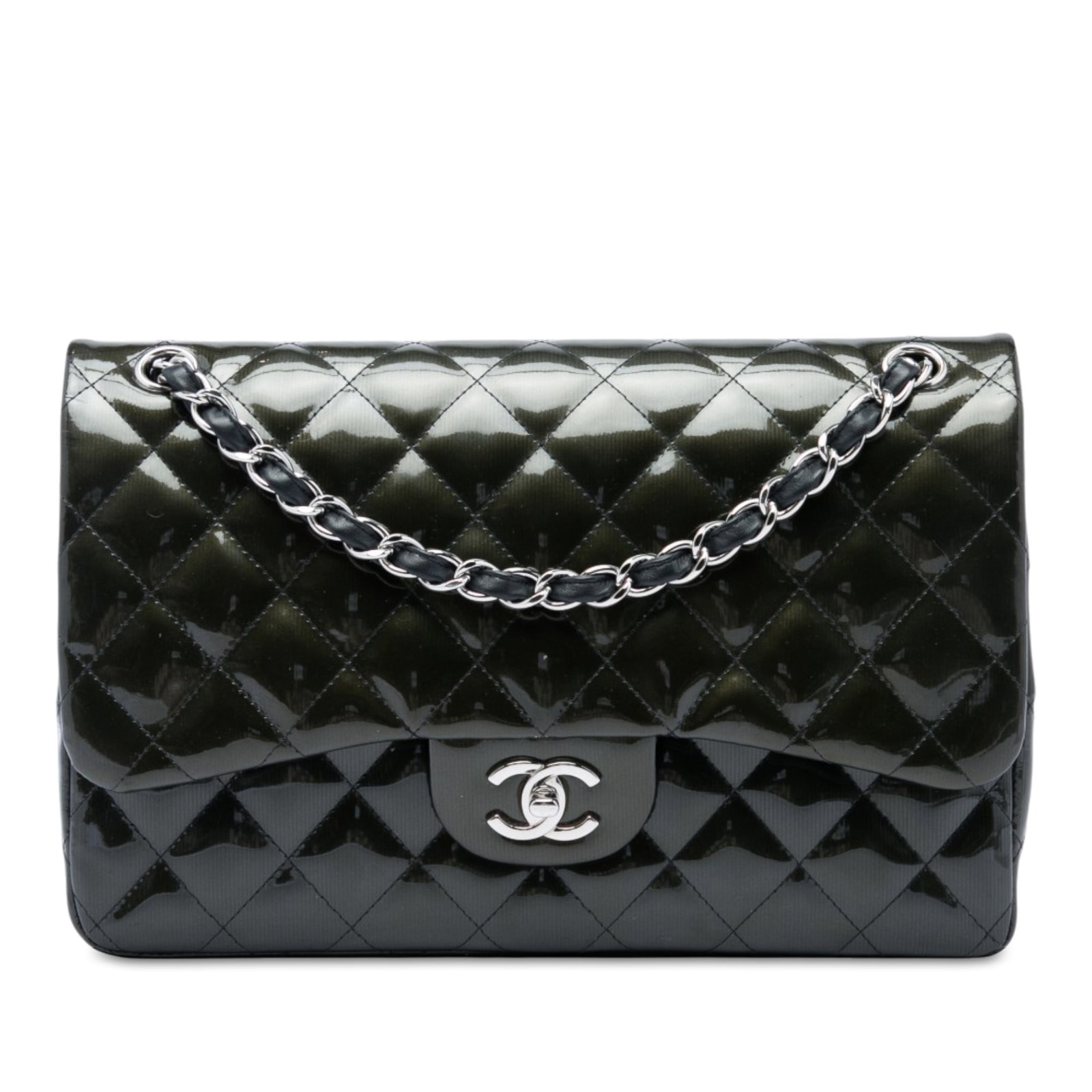 Chanel Jumbo Classic Double Flap Shoulder Bag in Green Patent Leather: Chanel Jumbo Classic Double Flap Shoulder Bag in Green Patent Leather A Chanel Jumbo Classic Striated Patent Double Flap shoulder bag in green patent leather. This bag features a quilted body, a leath