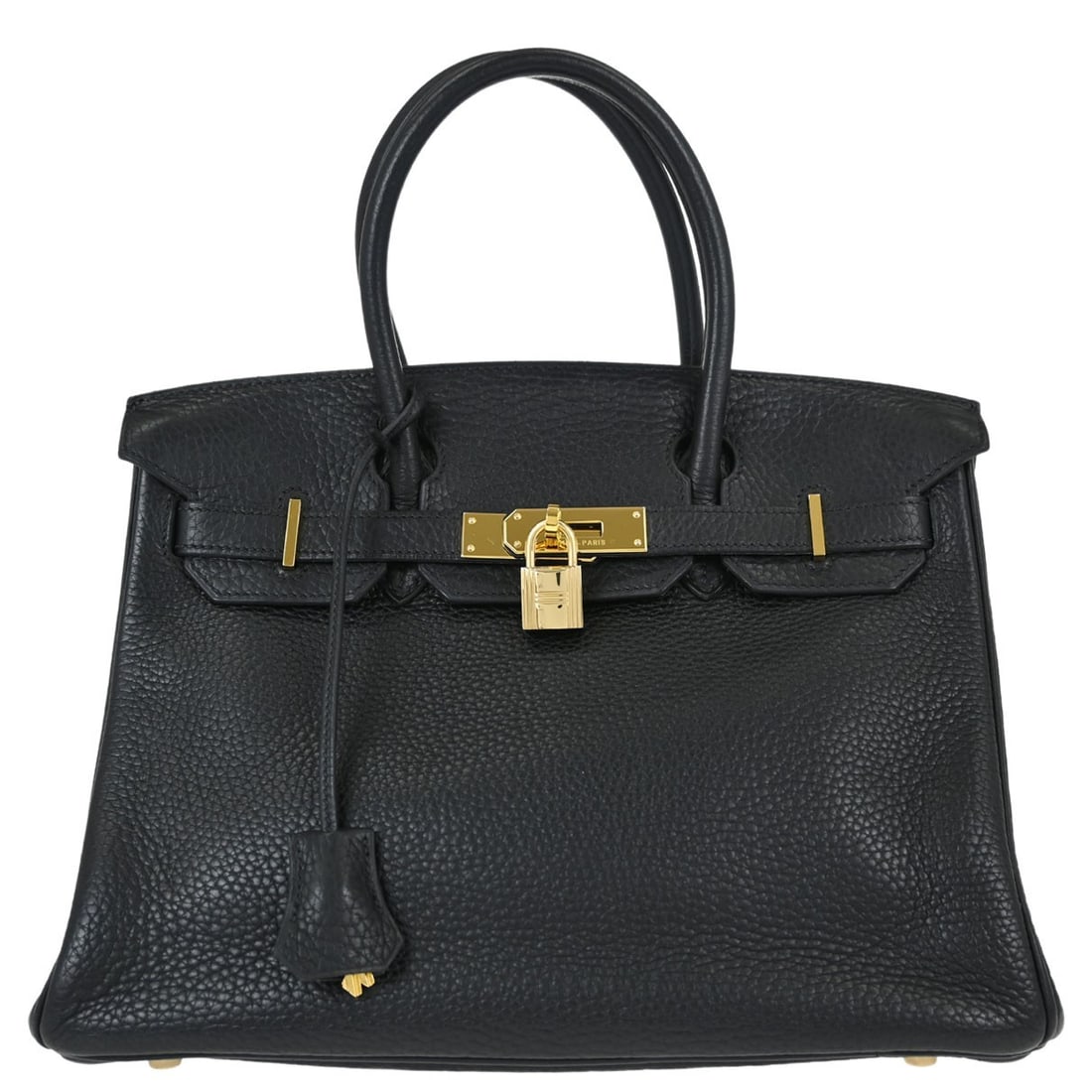 HERMES Birkin 30 Black Taurillon Clemence Top Handle Bag: HERMES Birkin 30 Black Taurillon Clemence Top Handle Bag Hermes Birkin 30 handbag in black Taurillon Clemence leather with double handles, leather lining, and lock accent. This top handle bag is made 