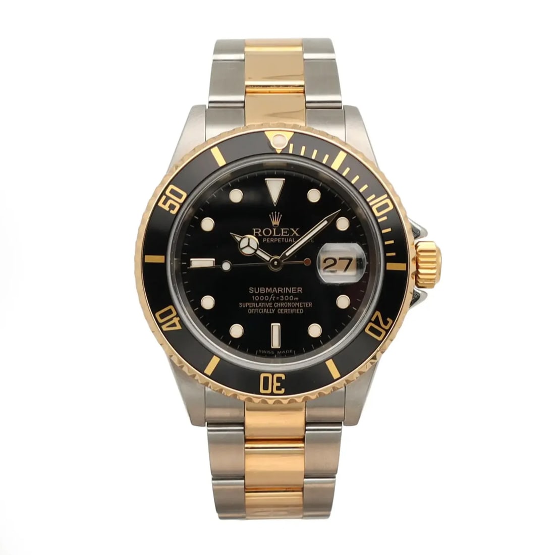 Rolex Submariner 16613 Mens 40mm Black Dial Steel Gold Wristwatch: Rolex Submariner 16613 Mens 40mm Black Dial Steel Gold Wristwatch Pre-owned Rolex Submariner men's wristwatch with a black dial and automatic movement. This luxury watch features an analog display, ro