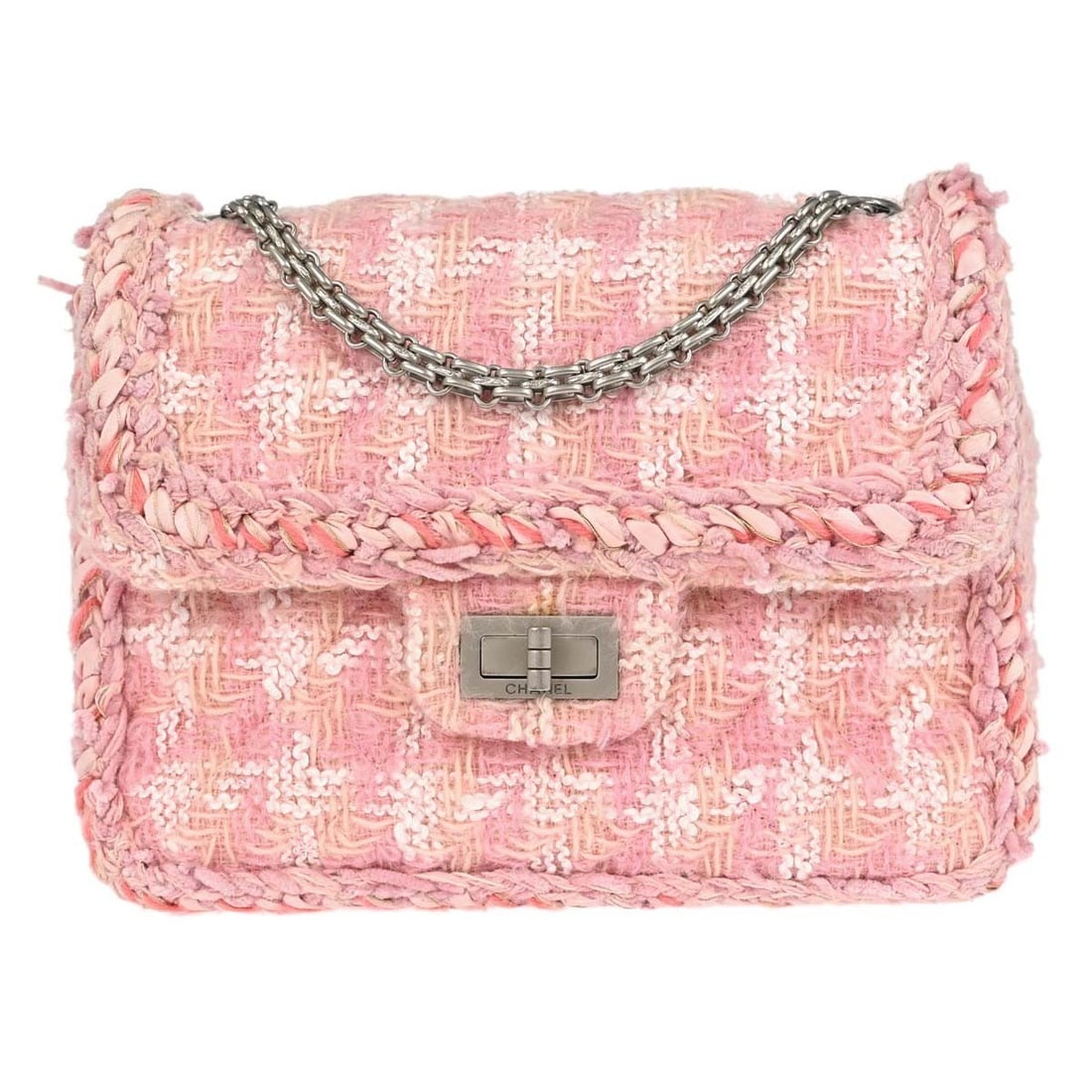 CHANEL Mademoiselle medium shoulder bag in pink tweed: CHANEL Mademoiselle medium shoulder bag in pink tweed Chanel Mademoiselle Lock shoulder bag in pink and white tweed with a leather lining. This medium shoulder bag features inner and outer pockets and