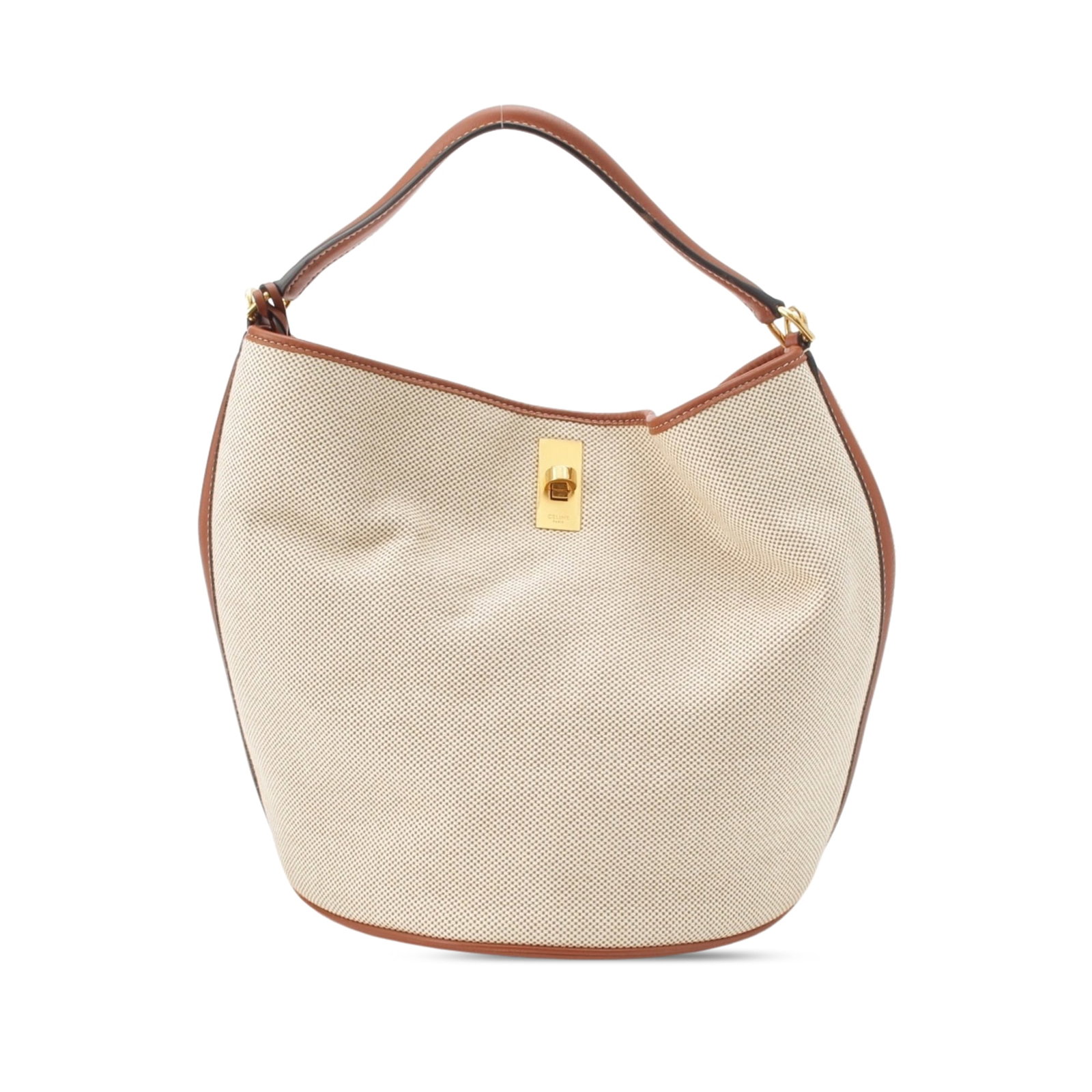 Celine Bucket 16 Medium Canvas Shoulder Bag Brown: Celine Bucket 16 Medium Canvas Shoulder Bag Brown A Celine Medium Canvas Bucket 16 bag made in Italy with a canvas body and leather trim. It features a flat leather handle, a detachable flat leather s