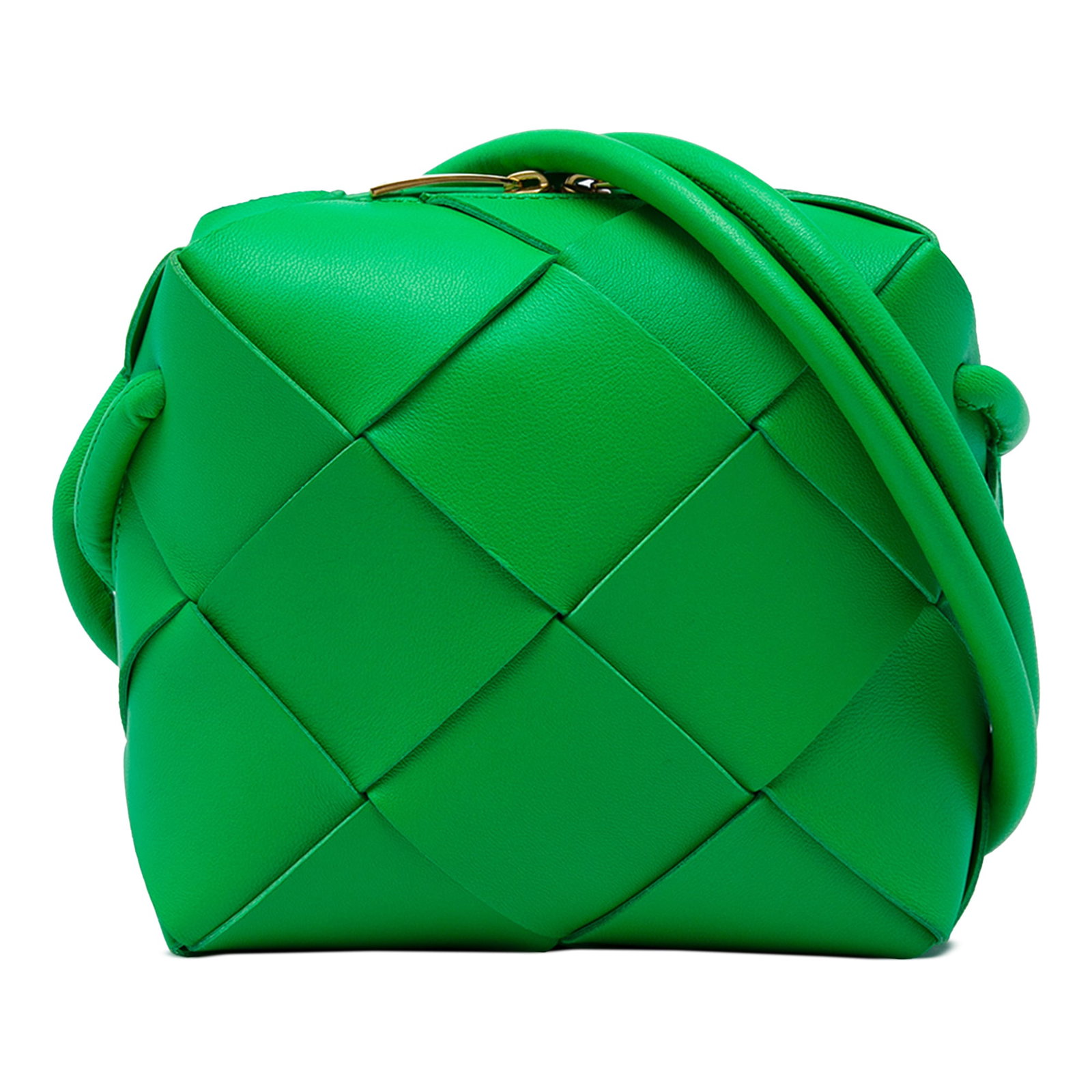 Bottega Veneta Intreccio Cassette Mini Camera Bag Green Lambskin: Bottega Veneta Intreccio Cassette Mini Camera Bag Green Lambskin A compact Bottega Veneta camera bag crafted in woven lambskin leather with rolled leather shoulder straps and a top zip closure. Made i