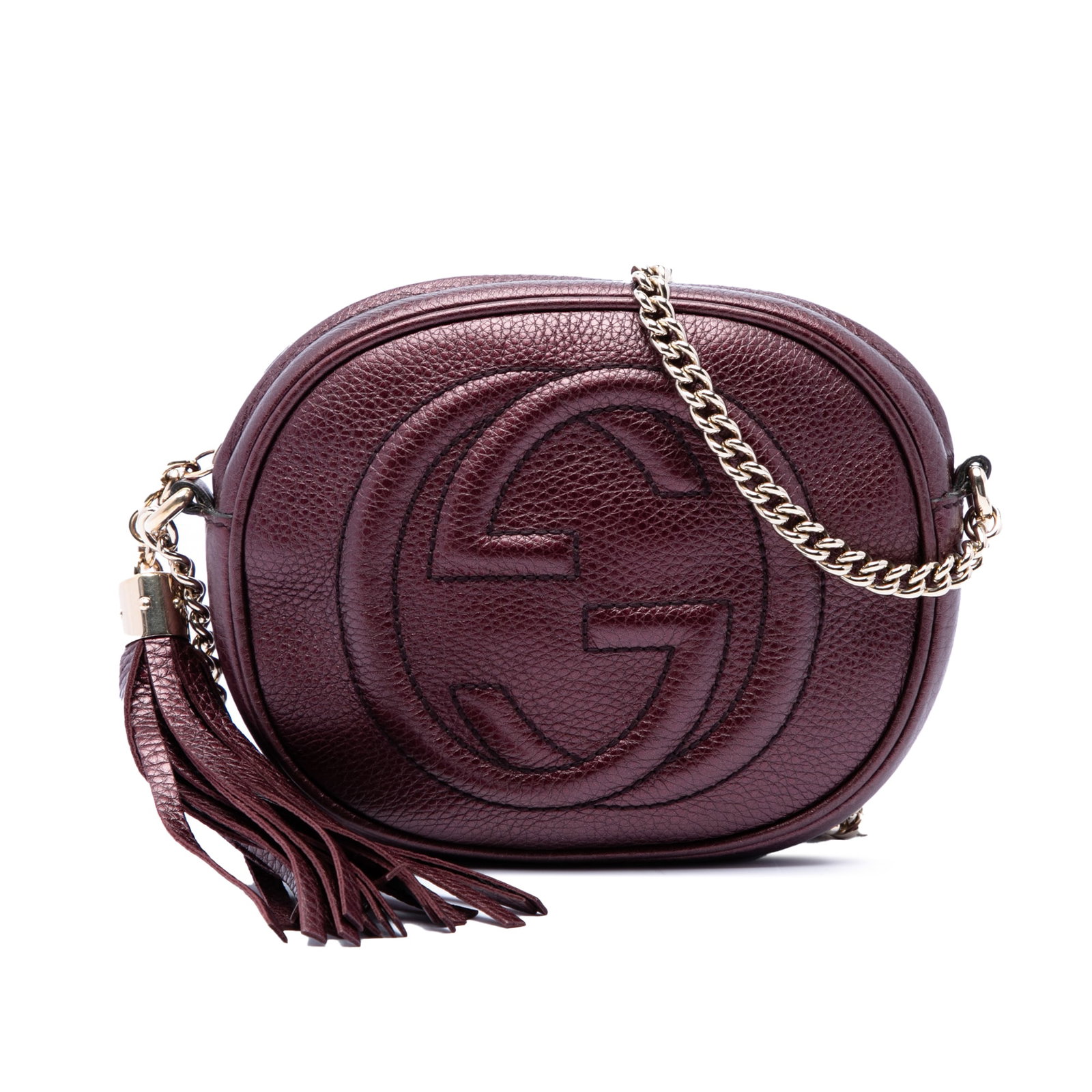 Gucci Soho Mini Chain Crossbody in Purple Metallic Leather: Gucci Soho Mini Chain Crossbody in Purple Metallic Leather Mini Gucci Soho crossbody bag in purple metallic pebbled calfskin with a tassel detail and chain link shoulder strap. The bag features a top 