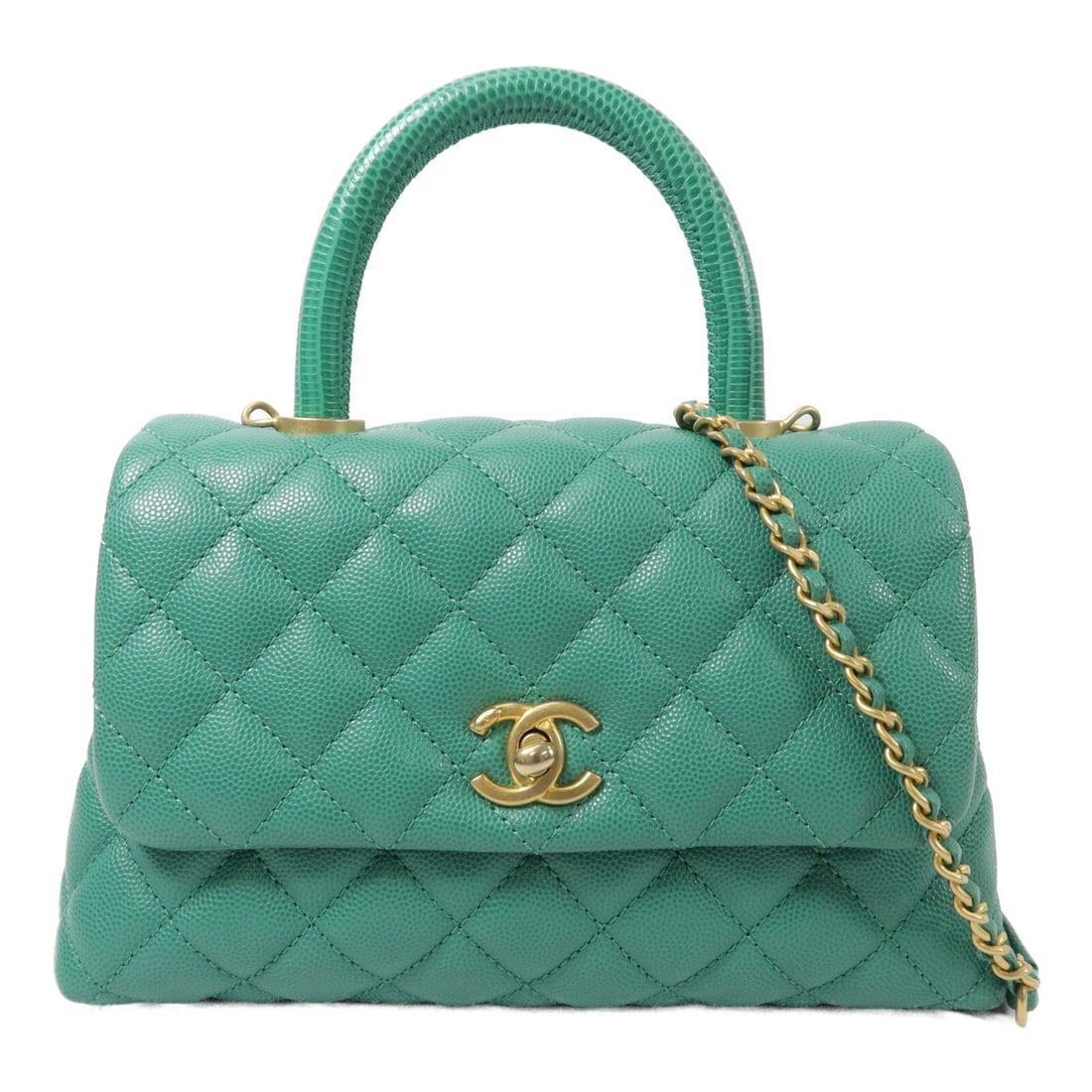 CHANEL Coco Handle A92990 Green Calfskin 2 Way Shoulder Bag: CHANEL Coco Handle A92990 Green Calfskin 2 Way Shoulder Bag Chanel Coco Handle 2-way shoulder bag in green calfskin leather with CC turn-lock closure and GHW. This women's bag includes a top handle an