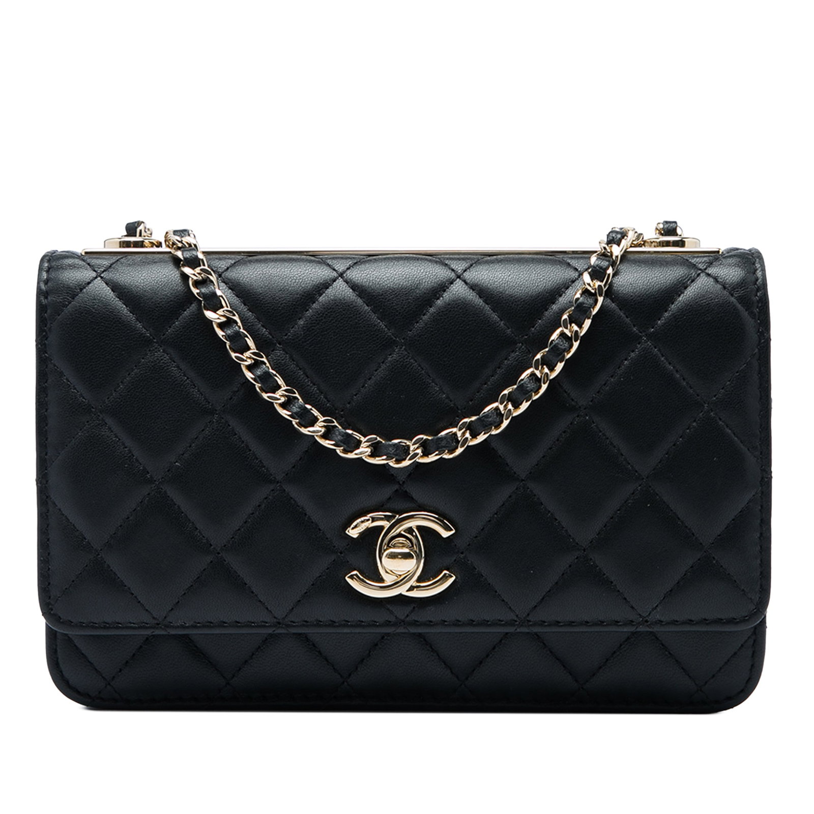 Chanel Trendy CC Quilted Lambskin Wallet on Chain Black: Chanel Trendy CC Quilted Lambskin Wallet on Chain Black A Chanel Trendy CC wallet on chain crafted in black quilted lambskin leather. This compact bag features a leather-woven chain link strap, a fron