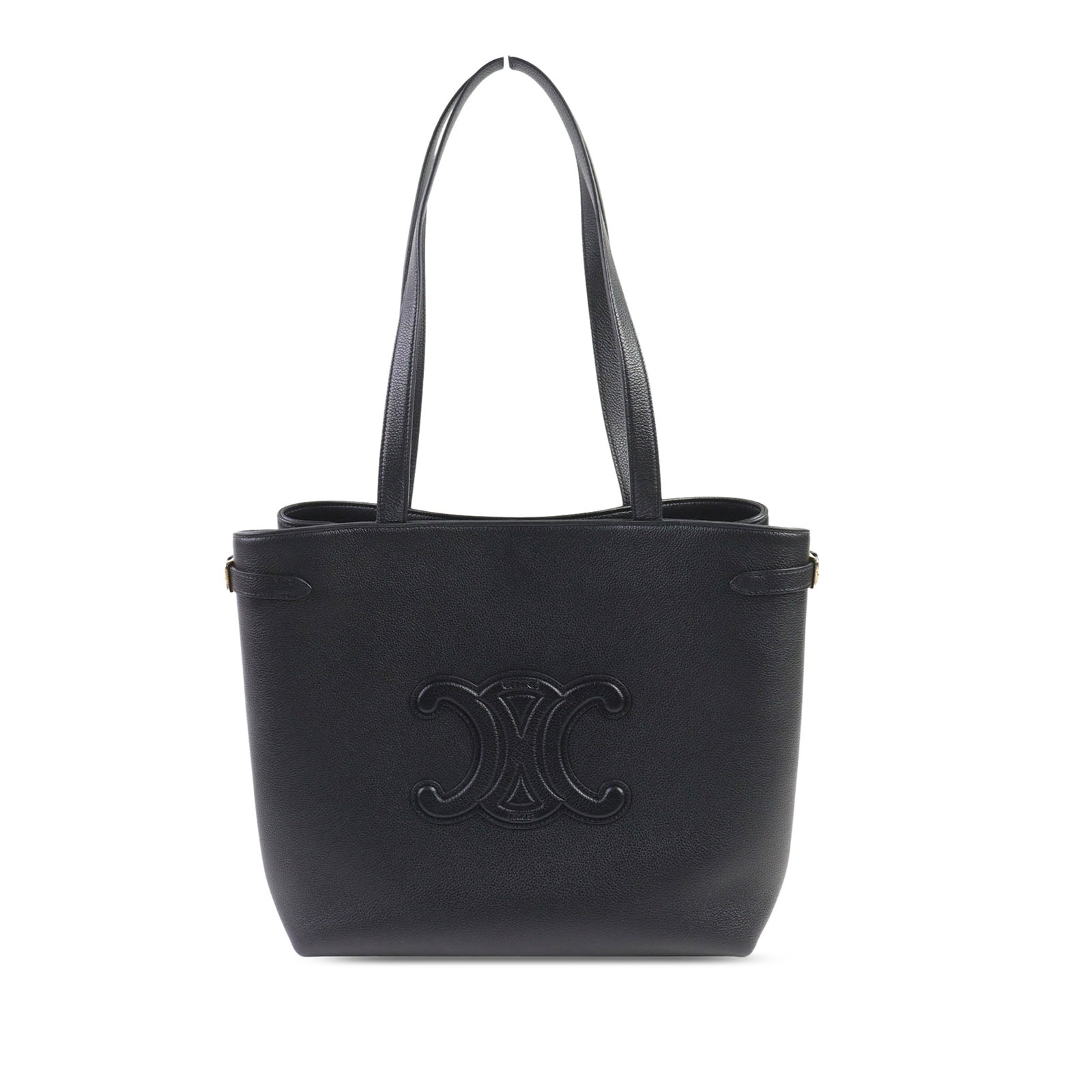Celine Cabas Anais Triomphe Medium grained calfskin tote bag: Celine Cabas Anais Triomphe Medium grained calfskin tote bag Celine Medium Grained Calfskin Cuir Triomphe Cabas Anais Tote in black leather. This tote features flat leather shoulder straps, an open to