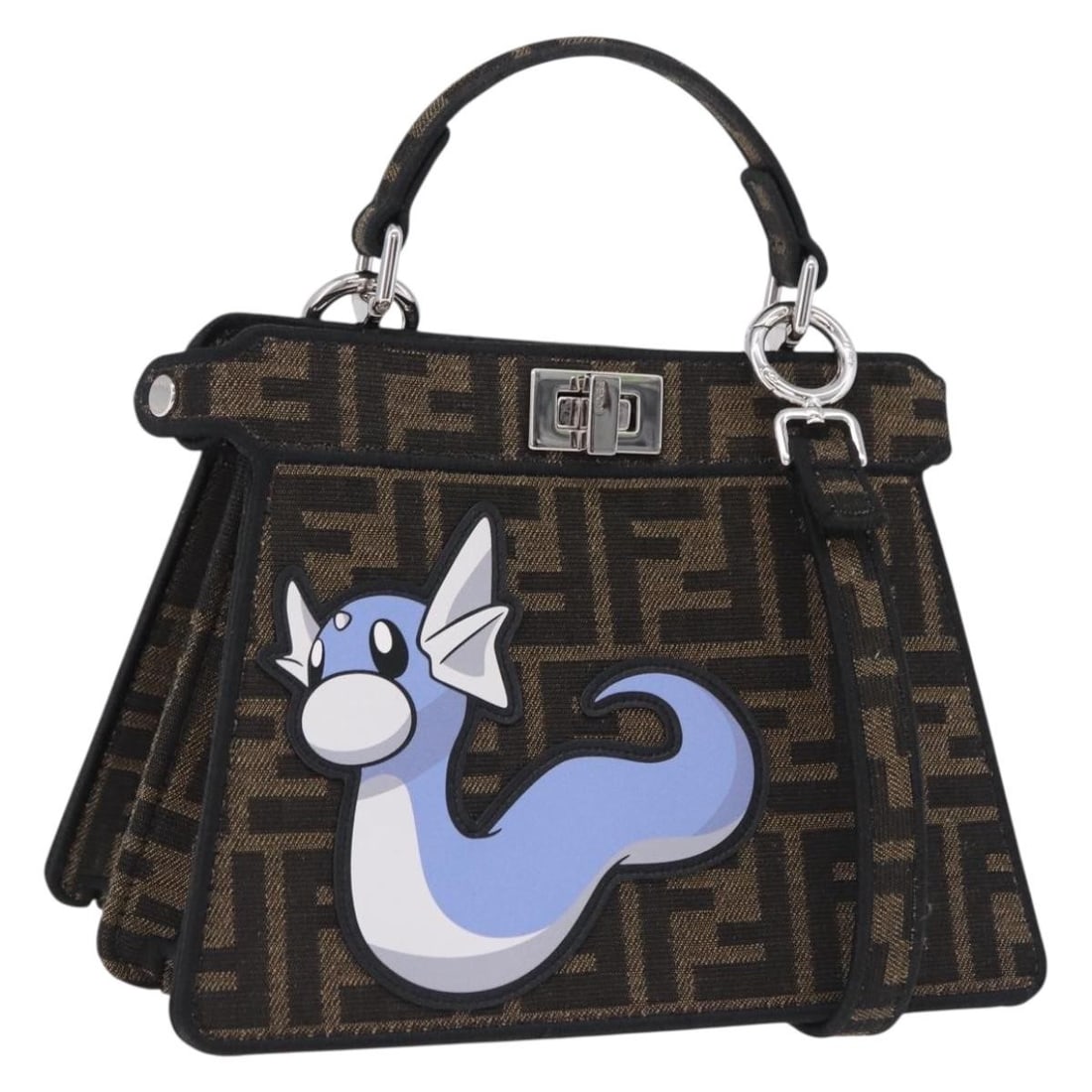 FENDI Peekaboo 8BN885 Zucca Canvas Handbag Dratini FRGMT Pokemon: FENDI Peekaboo 8BN885 Zucca Canvas Handbag Dratini FRGMT Pokemon FENDI x FRGMT x POKEMON Zucca Canvas Peek A Boo Dratini handbag in brown and silver, made in Italy. This women's hand bag features Zucc