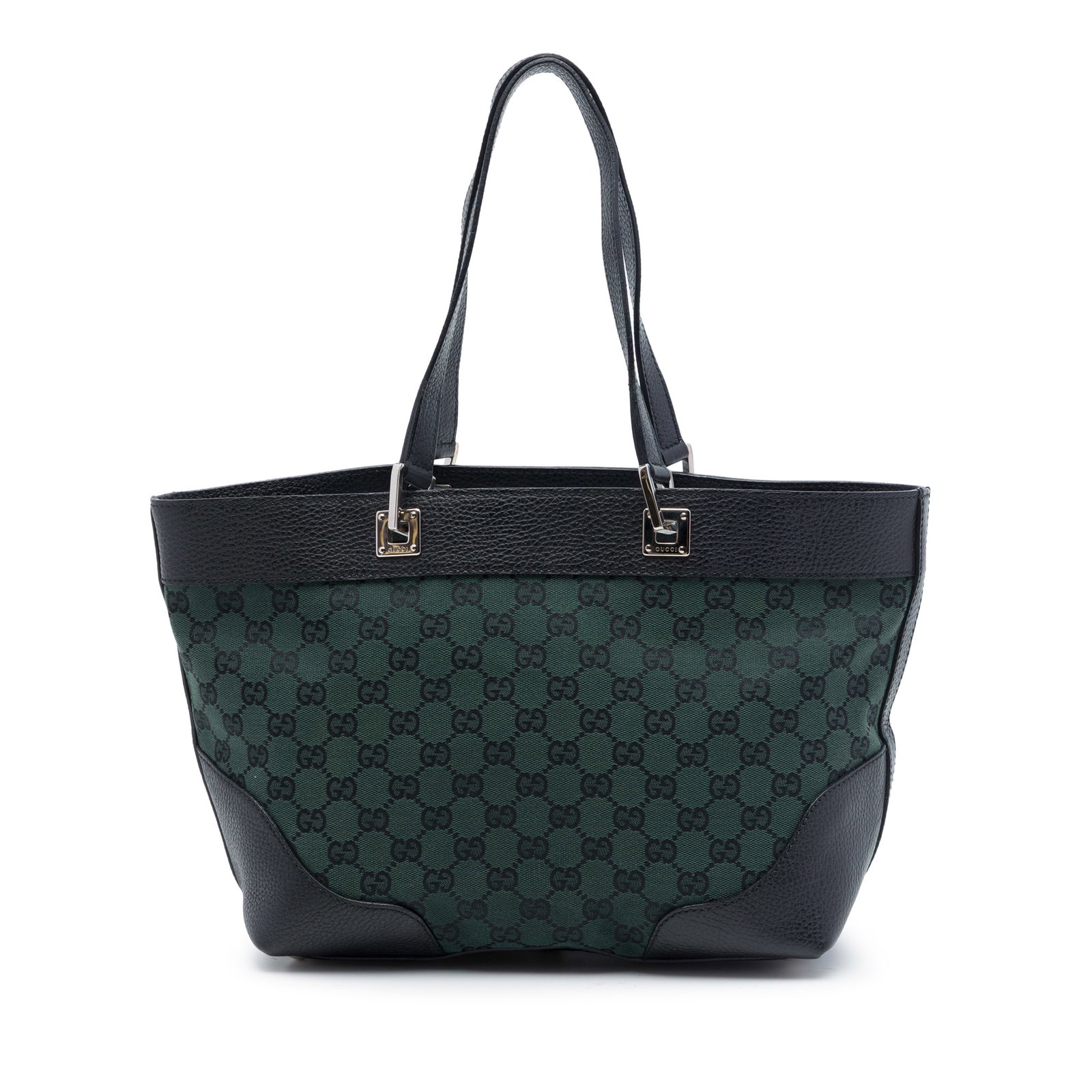 Gucci GG Canvas Tote Bag Green Leather Trim: Gucci GG Canvas Tote Bag Green Leather Trim A Gucci GG Canvas Tote in green with leather trim and flat leather handles. The open-top design includes an interior zip pocket for added organization. Made