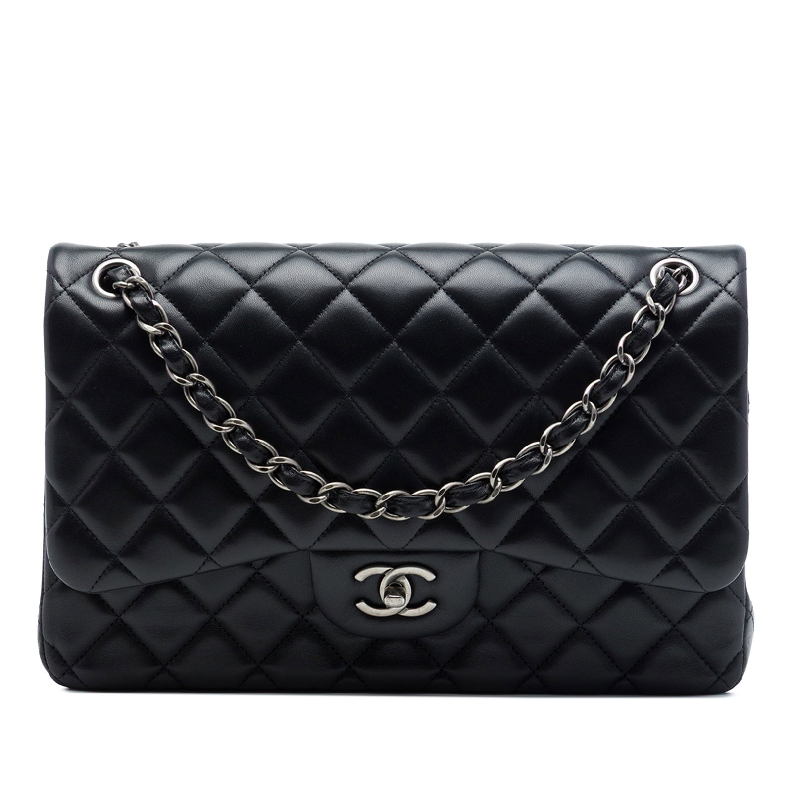 Chanel Jumbo Classic Double Flap Shoulder Bag Black Lambskin: Chanel Jumbo Classic Double Flap Shoulder Bag Black Lambskin A Chanel Jumbo Classic Lambskin Double Flap shoulder bag crafted in black quilted lambskin leather. It features leather-woven chain straps,