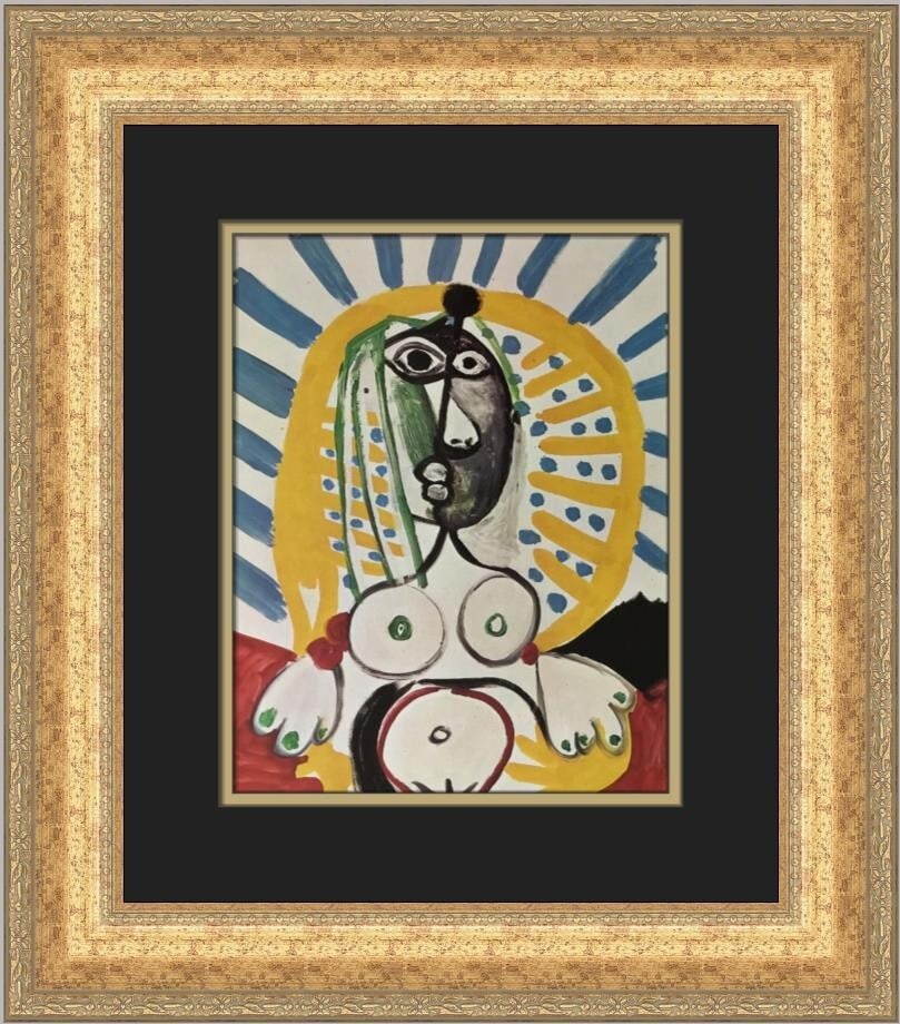 Pablo Picasso A Woman in an Armchair Custom Framed Art Print: Pablo Picasso A Woman in an Armchair Custom Framed Art Print This exquisite custom framed print titled 'A Woman in an Armchair' by Pablo Picasso showcases a striking portrayal of a nude figure, reflec