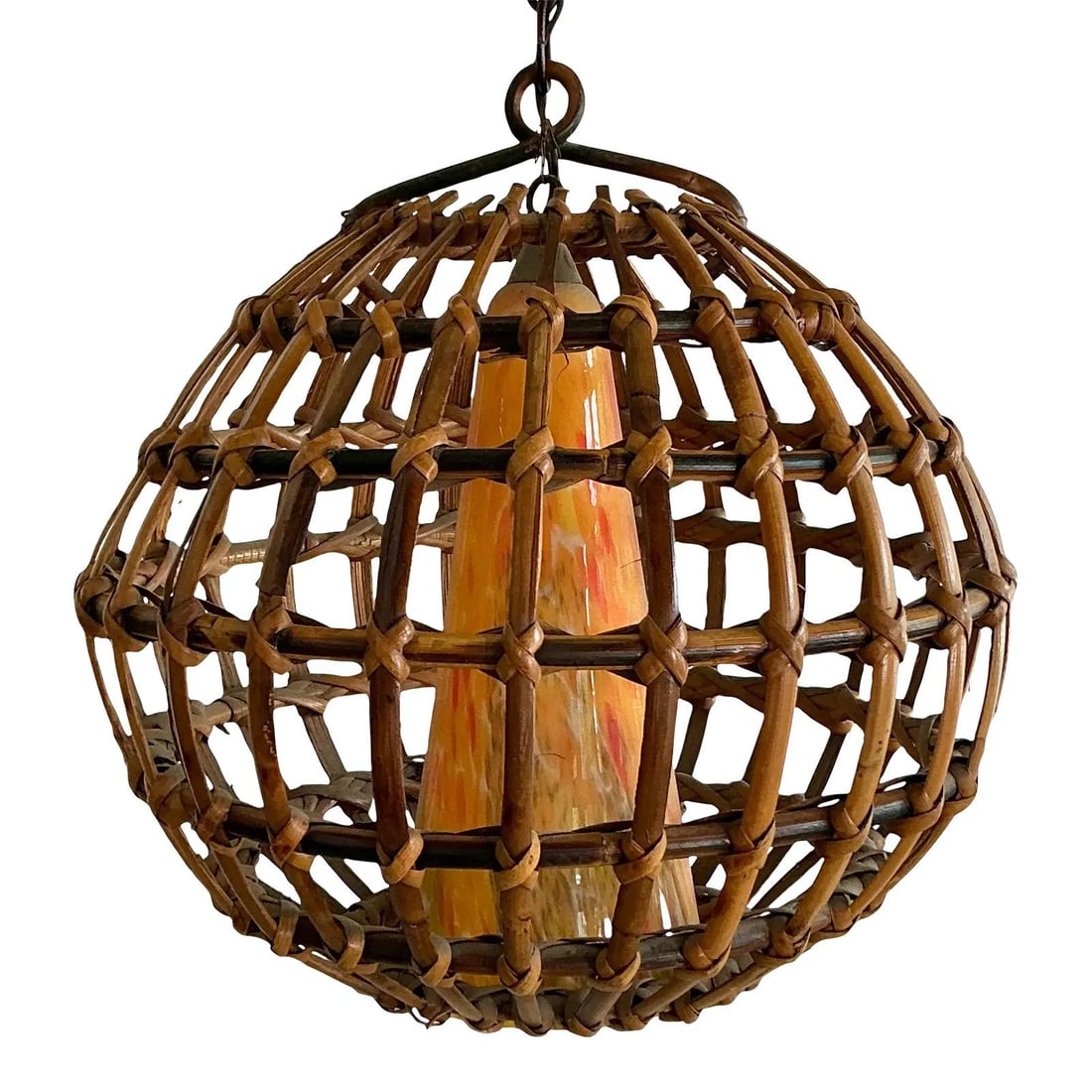 Vintage Boho Rattan and Glass Cone Chandelier 15.5 Inch: Vintage Boho Rattan and Glass Cone Chandelier 15.5 Inch Experience the enchanting allure of this vintage chandelier, a stunning fusion of hand-woven rattan and artisan-blown glass. This unique piece s