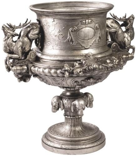 Lodge Style Silver Urn with Dog Head Pedestal Base: Lodge Style Silver Urn with Dog Head Pedestal Base This item is made at time of order. Please allow 42 to 70 days for production. This stunning Silver Lodge Style Urn features a distinctive dog head b