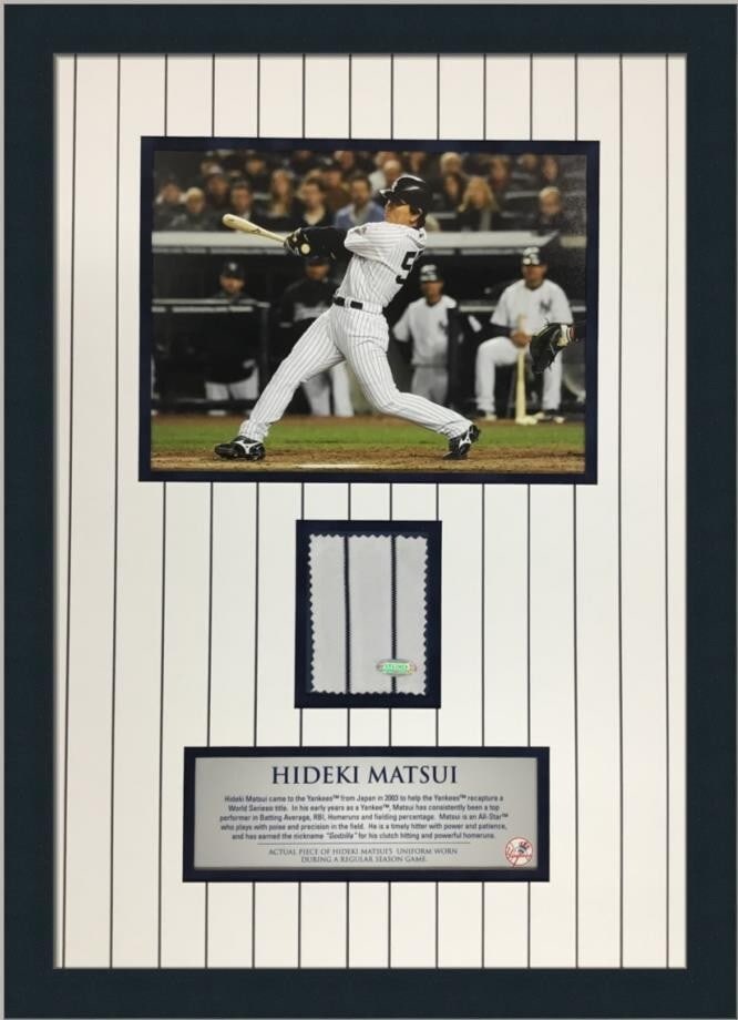Hideki Matsui NY Yankees Game Used Uniform Framed Steiner Authentic: Hideki Matsui NY Yankees Game Used Uniform Framed Steiner Authentic Celebrate the legacy of Hideki Matsui with this authentic piece of New York Yankees uniform, custom framed for display. This item fe