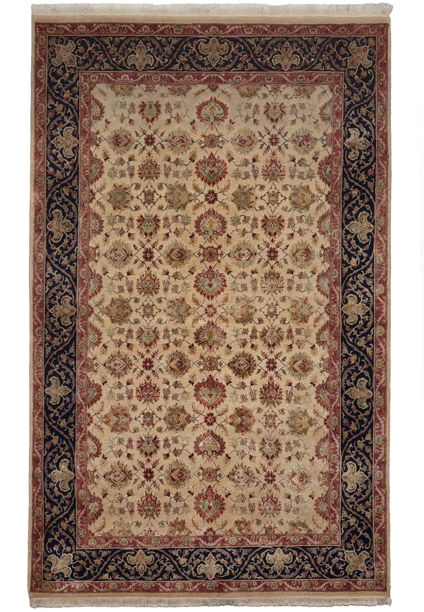 5.4 x 8.3 Beige Silk and Wool Indian Area Rug: 5.4 x 8.3 Beige Silk and Wool Indian Area Rug Free continental US Shipping Handmade in India, this beige area rug is crafted from silk and wool and features an intricate floral pattern with cream, red