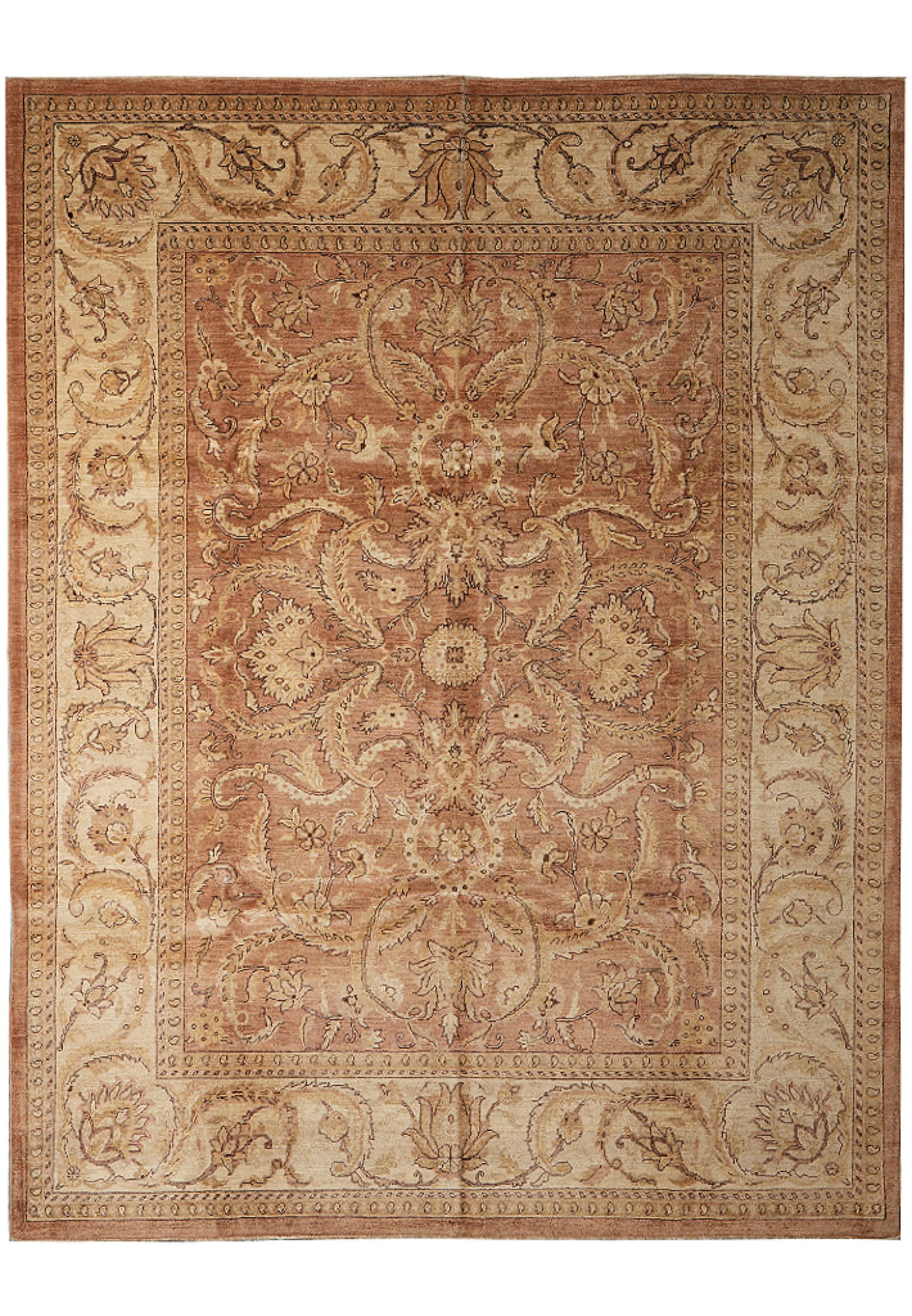 9.2 x 11.5 Chobi Peshawar Hand-Knotted Wool Area Rug: 9.2 x 11.5 Chobi Peshawar Hand-Knotted Wool Area Rug Free continental US Shipping Hand-knotted in Pakistan, this Chobi Peshawar area rug features a Zigler pattern in a warm neutral palette of cinnamon