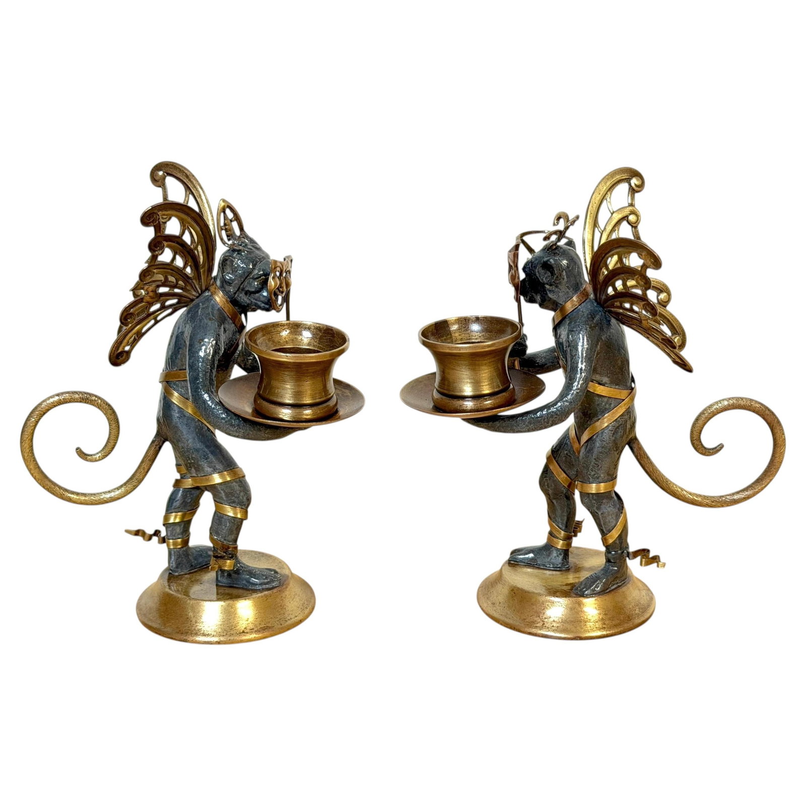 Set of 2 French Belle Epoque Style Monkey Chambersticks Tragedy Comedy: Set of 2 French Belle Epoque Style Monkey Chambersticks Tragedy Comedy Pair of Belle Epoque style winged monkey masquerade chambersticks with Tragedy and Comedy masks. This vintage late 20th-century F