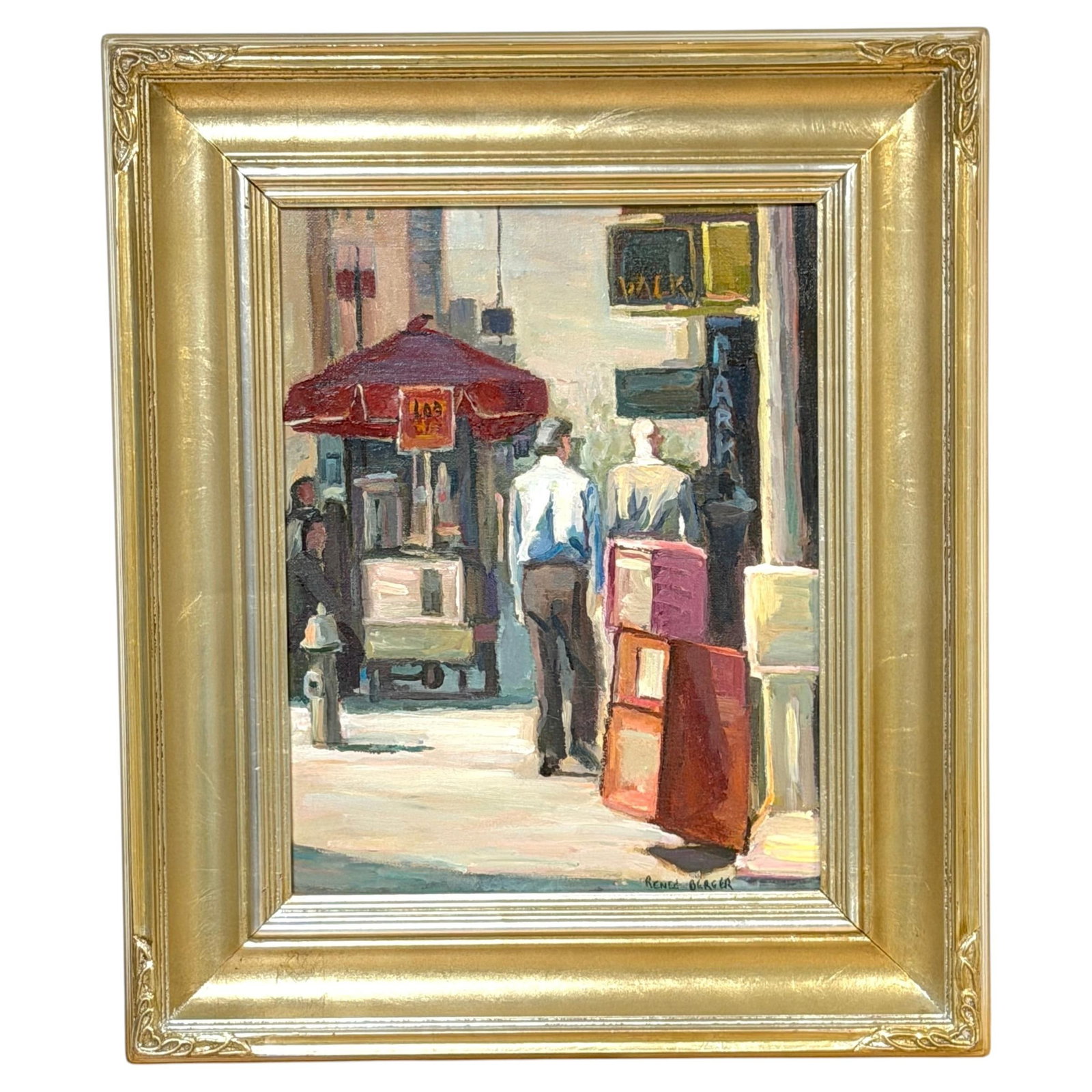 1980 Renee Berger signed oil on canvas Manhattan sidewalk painting: 1980 Renee Berger signed oil on canvas Manhattan sidewalk painting Signed oil on canvas by Renee Berger depicting a Manhattan street scene with pedestrians, dated 1980. The composition captures an act