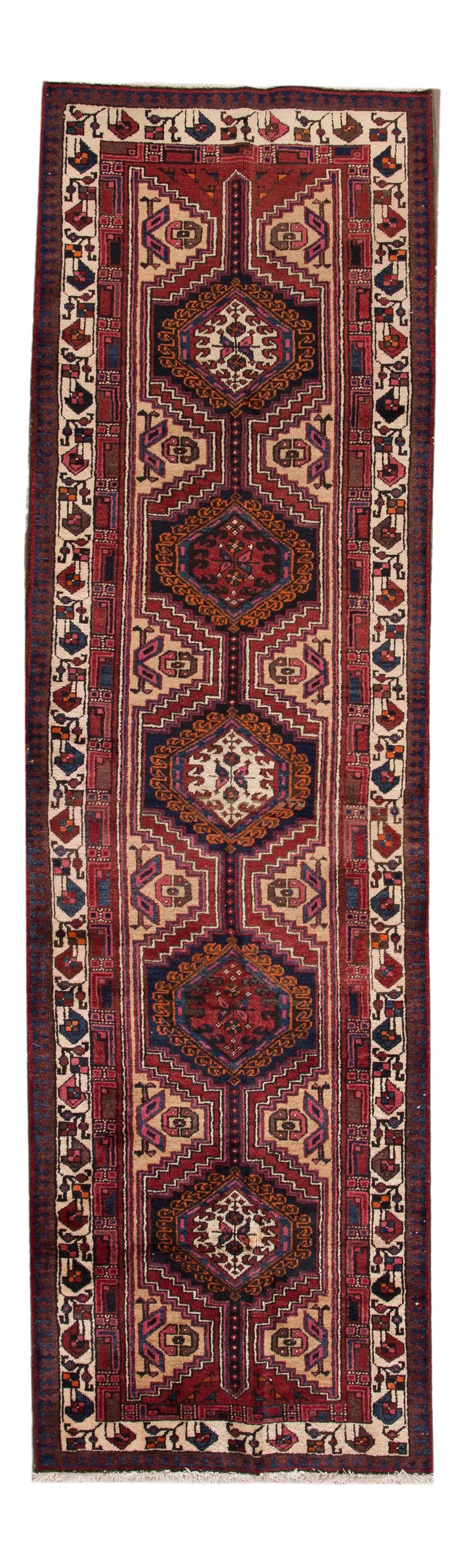 Vintage Hand-Knotted Persian Hamadan Rug 2'9" x 10'1" Wool: Vintage Hand-Knotted Persian Hamadan Rug 2'9" x 10'1" Wool This vintage Persian Hamadan rug features a stunning geometric motif, showcasing intricate detailing and vibrant colors that enhance any livi