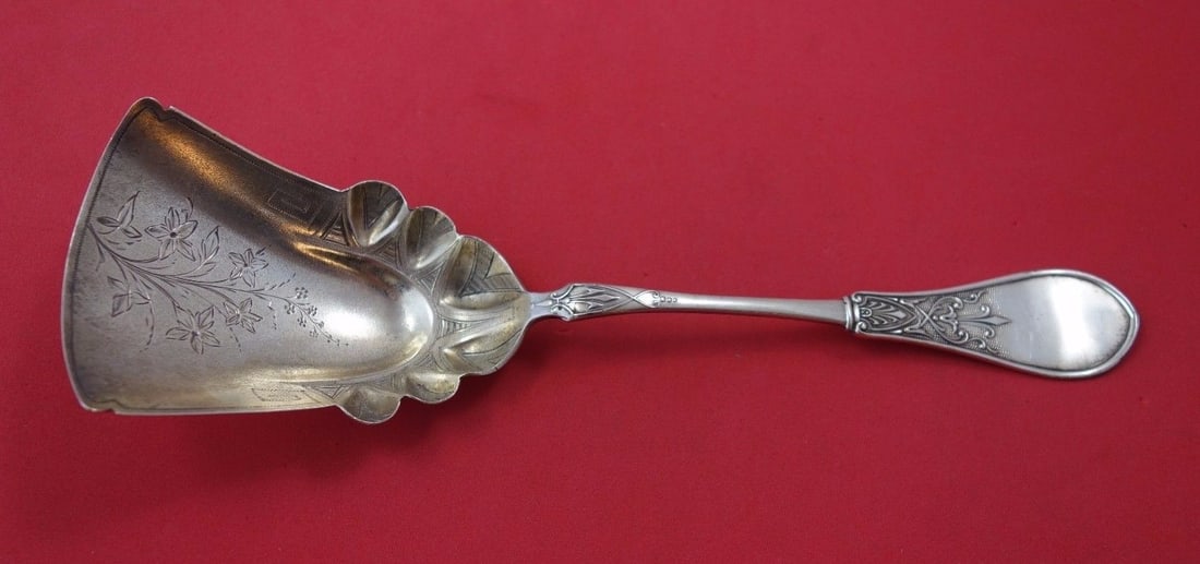 9 inch sterling fruit scoop by Schulz and Fischer Gem gold washed floral: 9 inch sterling fruit scoop by Schulz and Fischer Gem gold washed floral Rare early San Francisco California sterling silver fruit scoop by Schulz & Fischer, featuring a gold washed bowl with bright-c