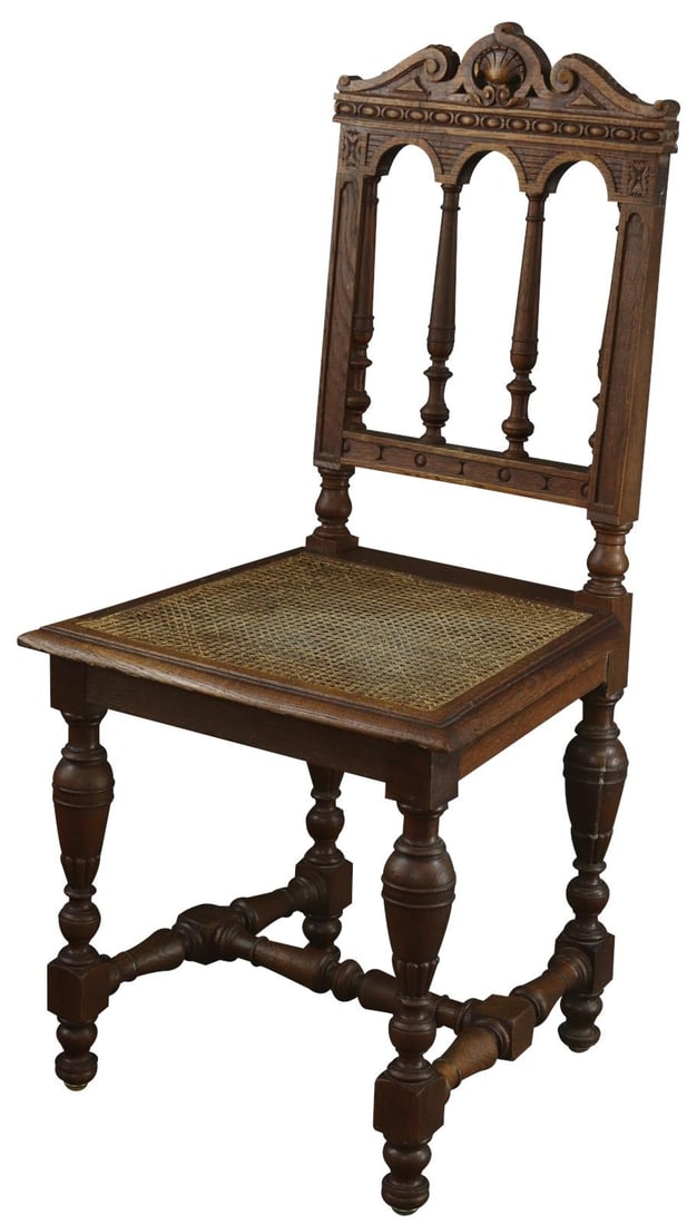 1920 Chestnut Oak Renaissance Dining Chair: 1920 Chestnut Oak Renaissance Dining Chair This Ornate Chestnut Dining Chair, crafted in the Renaissance style, showcases a timeless elegance suitable for any dining space. Made from durable oak, it f