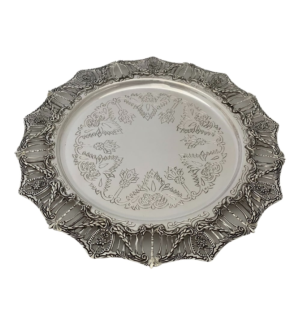 American Style Sterling Silver Charger Tray 13 Inch Pierced Engraved Handmade (1 of 3)
