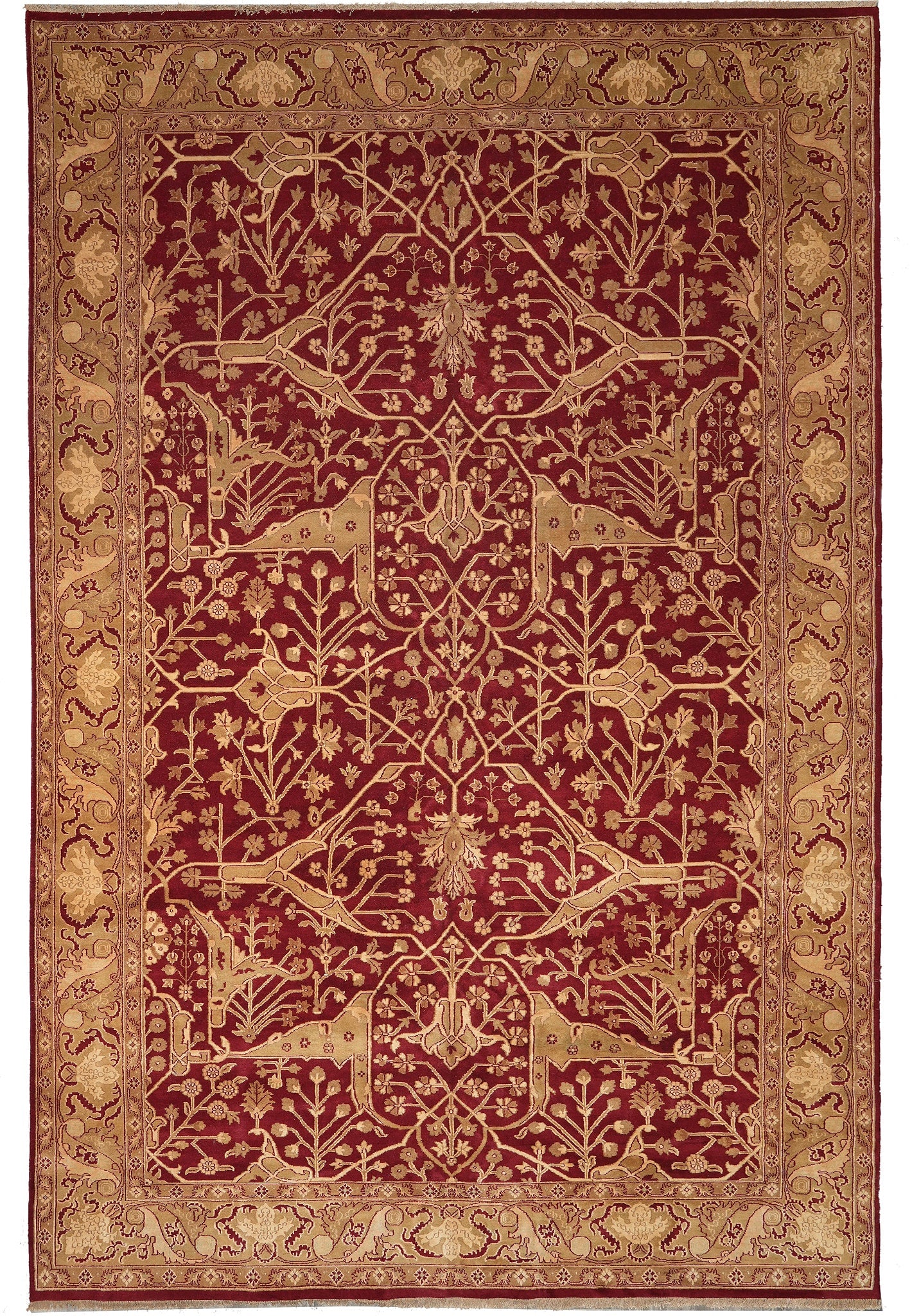 12 x 18 Hand-Knotted Agra Wool Rug Red Gold India: 12 x 18 Hand-Knotted Agra Wool Rug Red Gold India Free continental US Shipping A grand 12 x 18 hand-knotted Agra large rug in a red and gold palette, crafted in India from premium quality wool. It fea