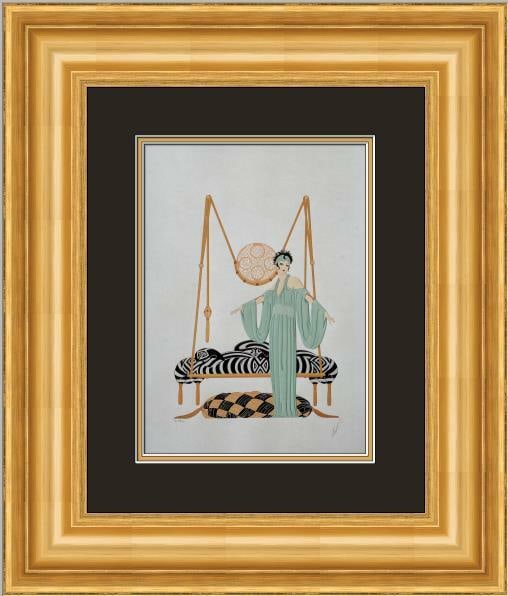 Erte Pillow Swing reproduction print in custom gold leaf frame: Erte Pillow Swing reproduction print in custom gold leaf frame This is a custom gallery-framed offset lithograph reproduction of Erte's "Pillow Swing." The print features an Art Deco style and depicts